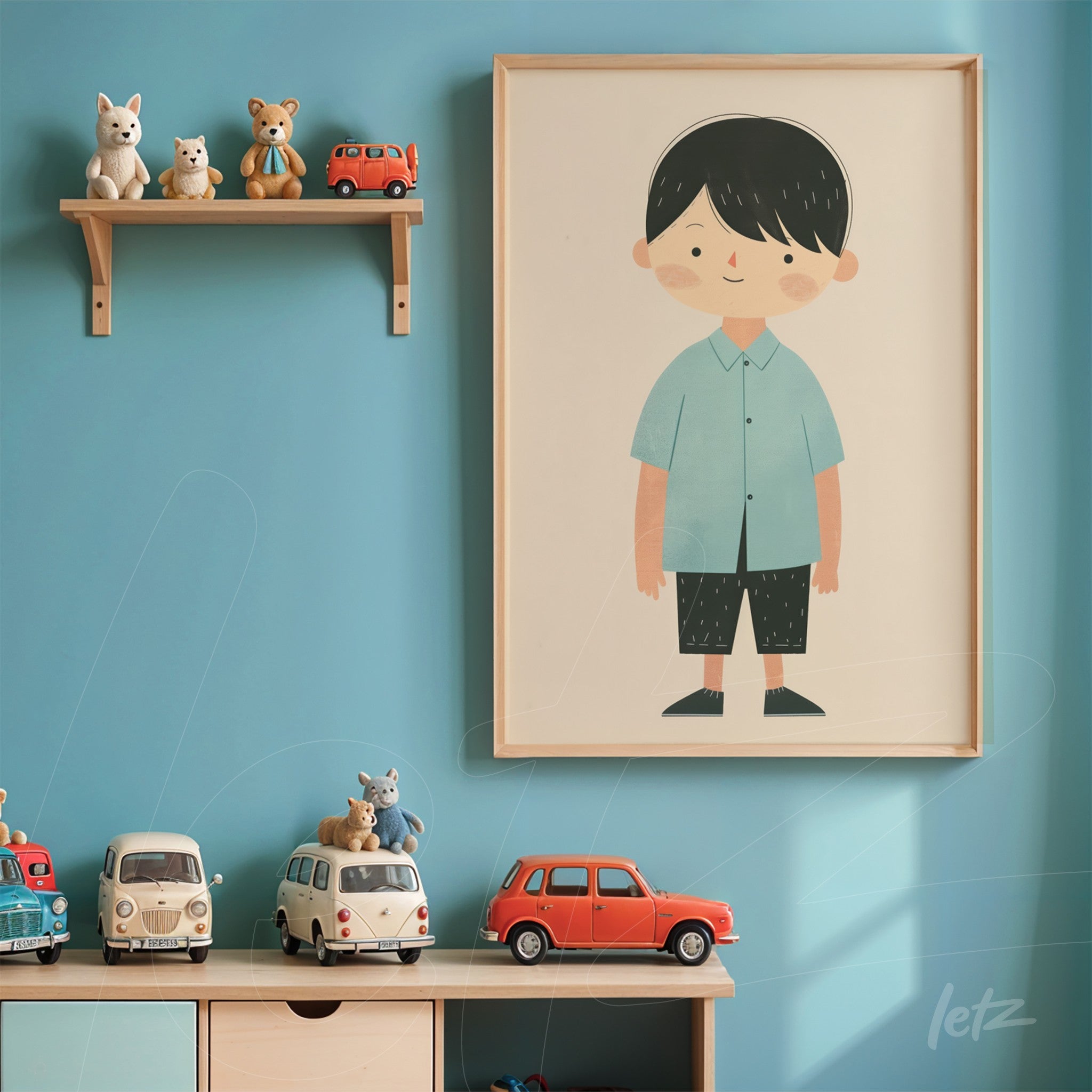 framed illustration of a boy in a blue shirt against a blue wall, next to a shelf with decorative items
