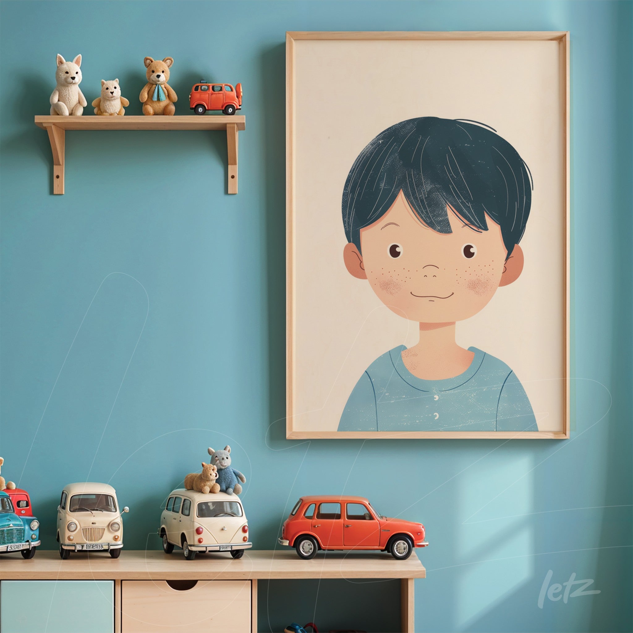 framed illustration of a young boy with dark hair on a blue wall