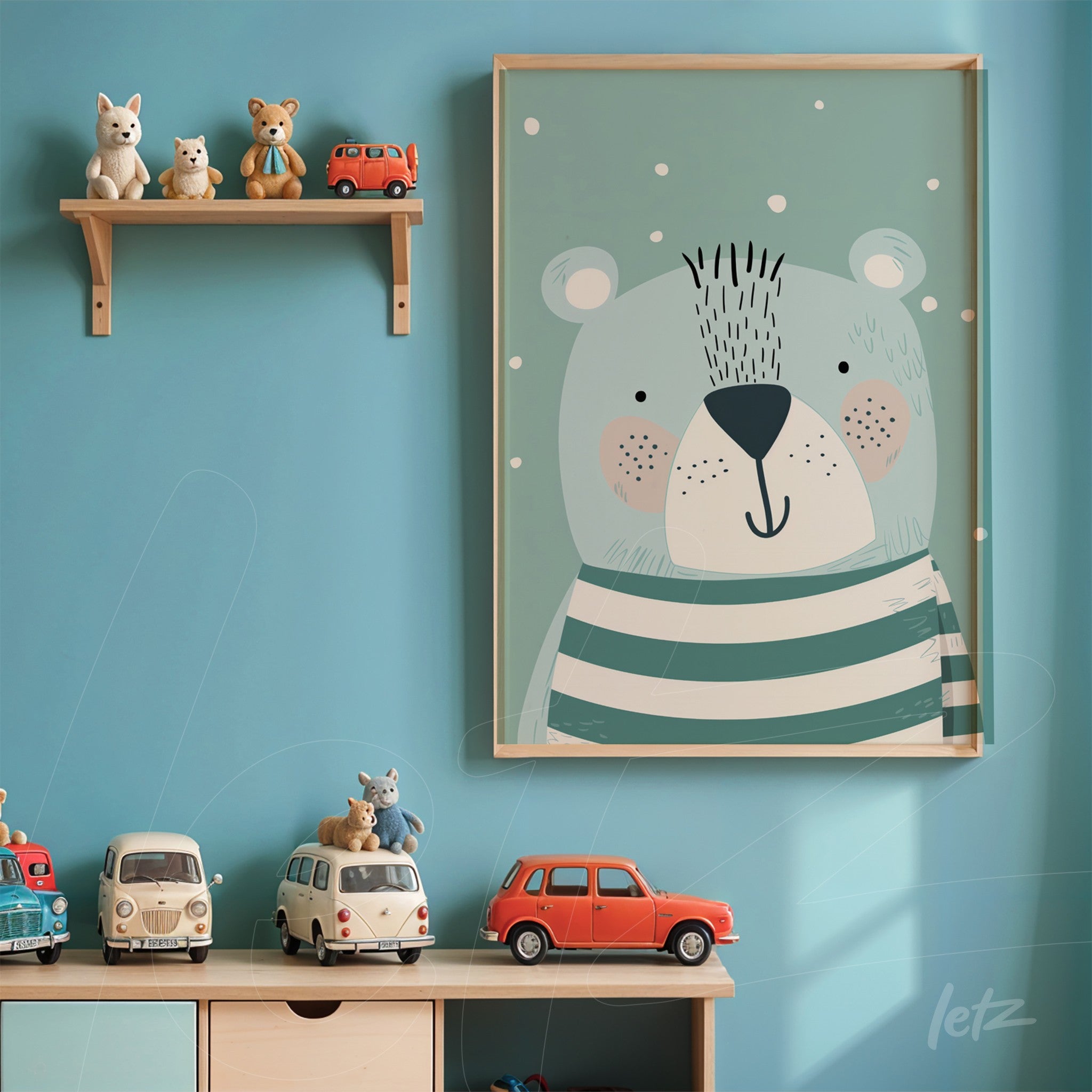 framed wall art featuring a smiling bear with stripes on a light blue background, displayed on a blue wall with a decorated shelf