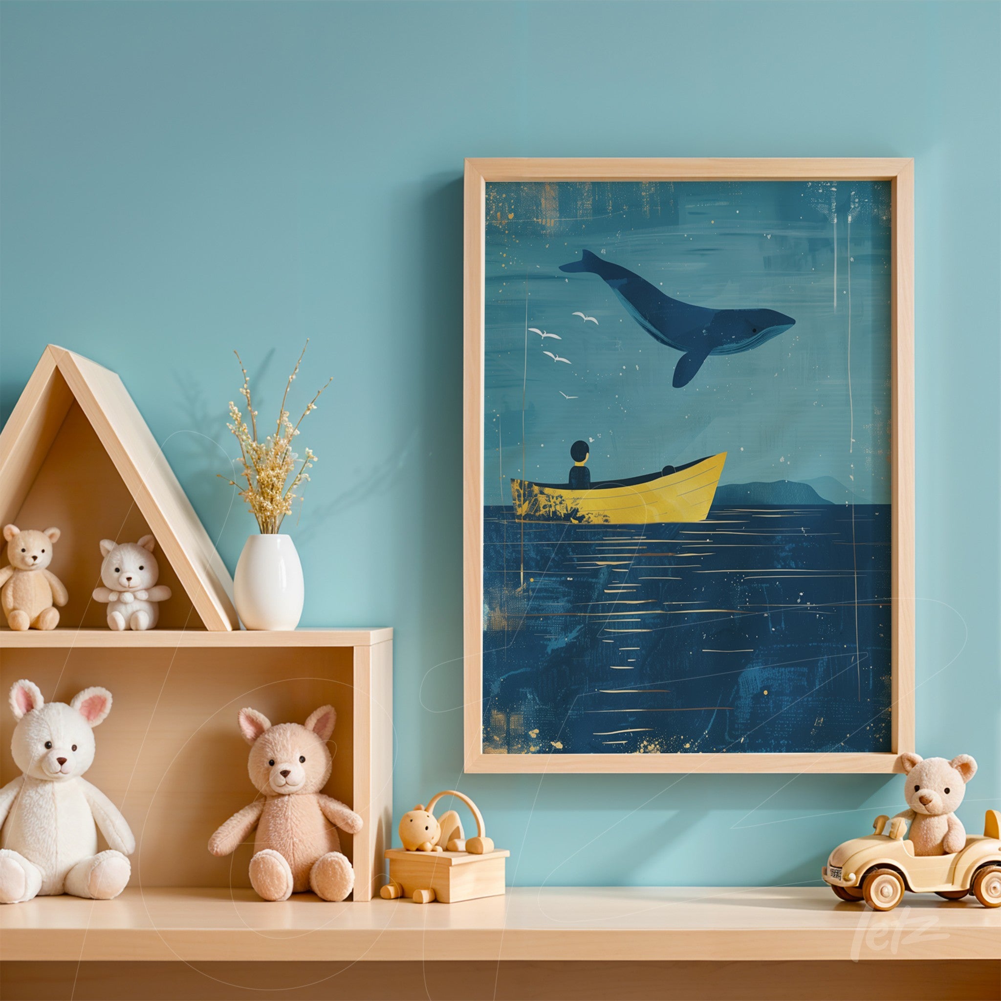 framed artwork featuring a nostalgic scene with a yellow boat under a large blue whale displayed in a decorative setting with wooden shelves and toys