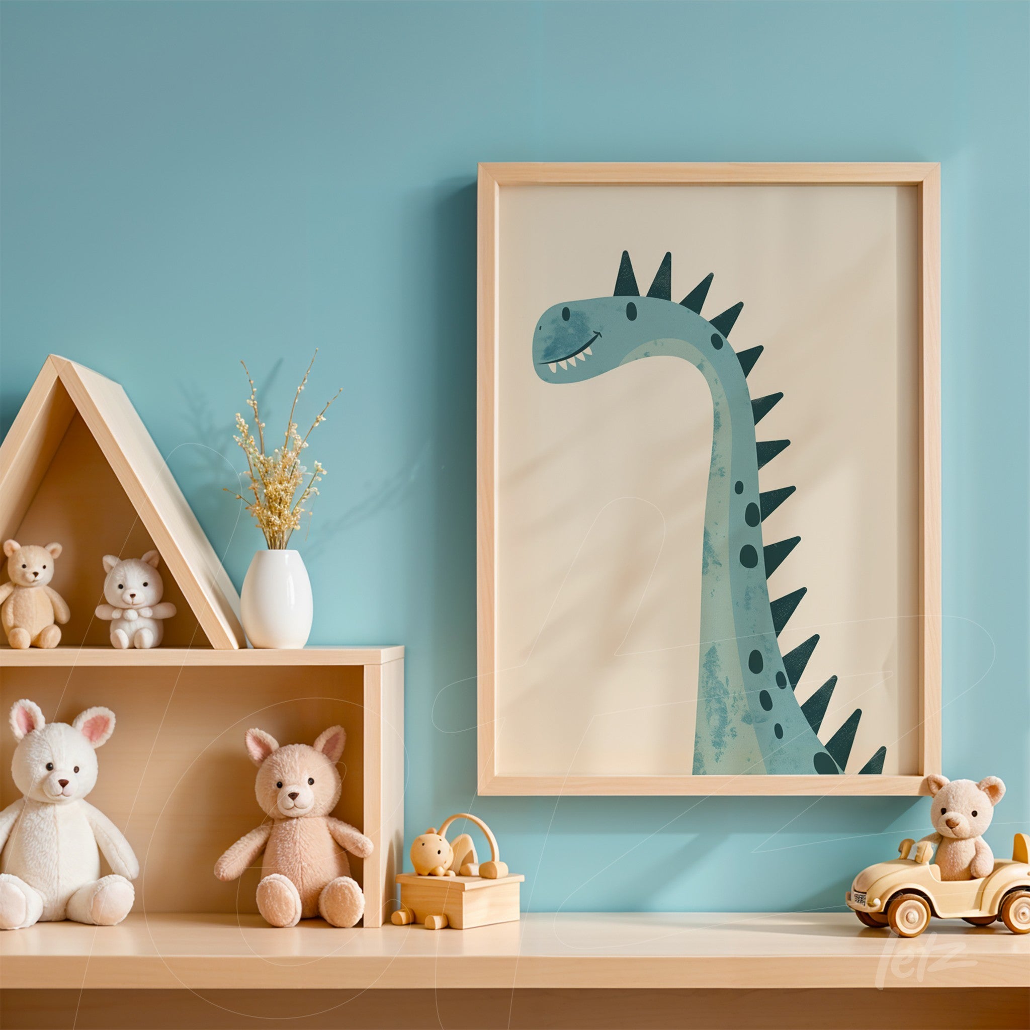 framed wall art featuring a dinosaur illustration in light wooden frame displayed on a shelf with stuffed toys