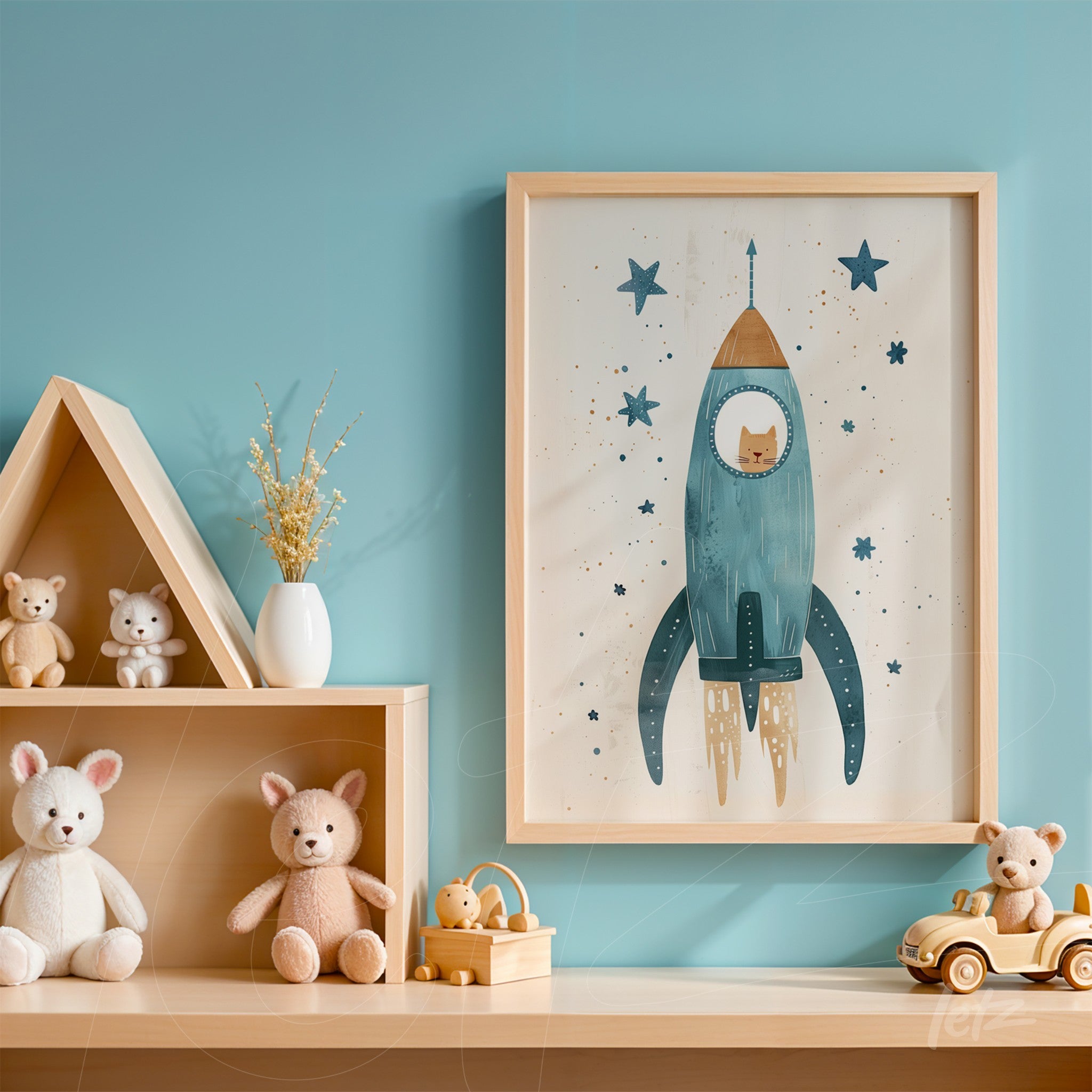 framed artwork featuring a blue rocket with a cat inside, displayed against a blue wall and surrounded by plush toys