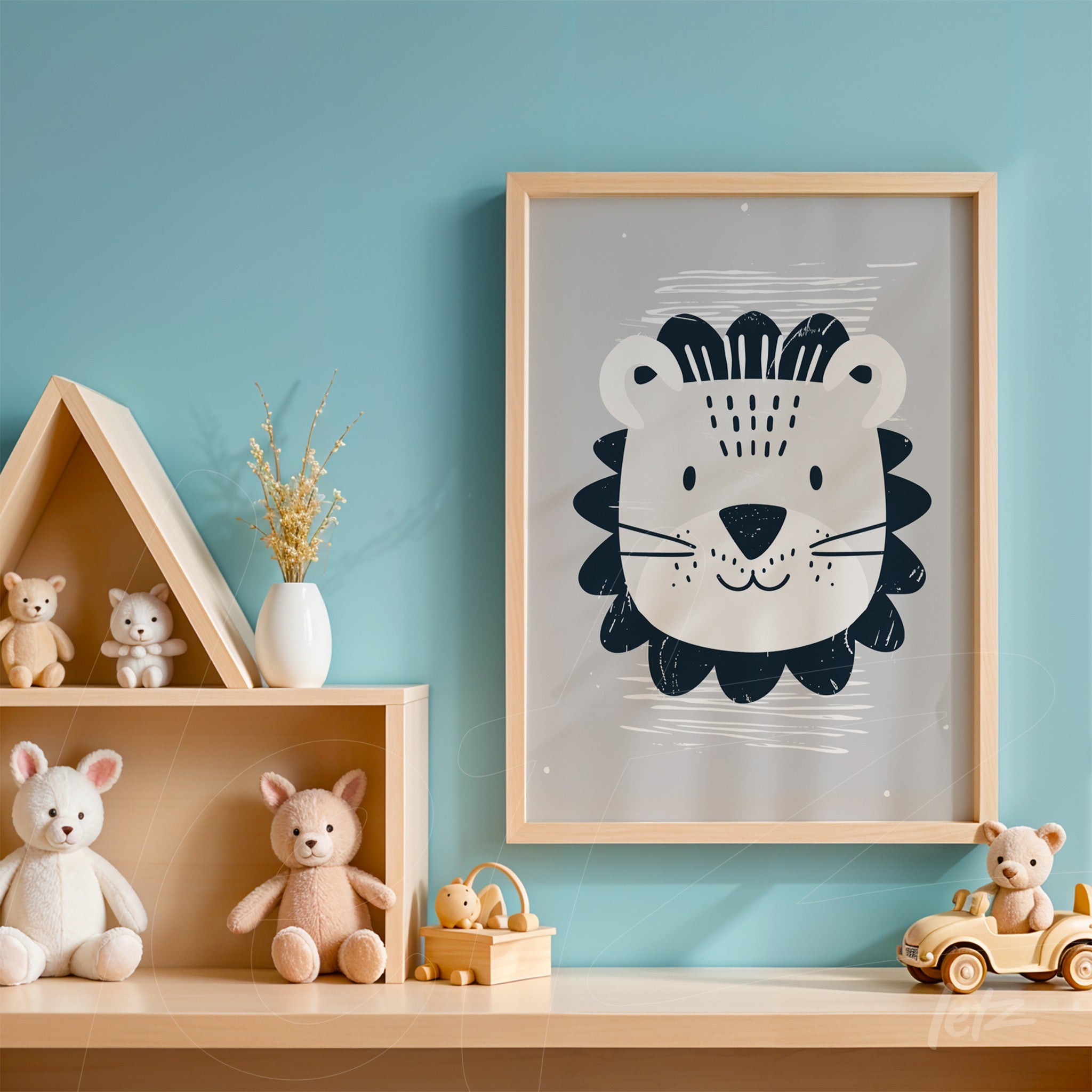 framed art of a stylized lion illustration in light wood frame displayed on blue wall next to plush toys