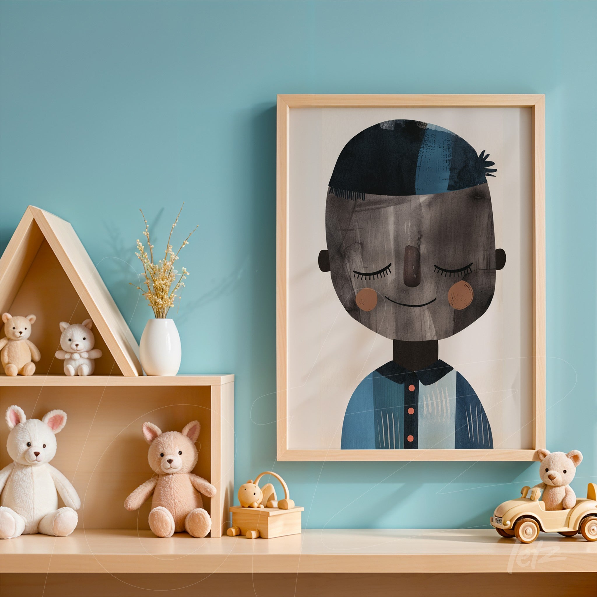 framed artwork featuring a boy with short hair and a calm expression in a light wood frame