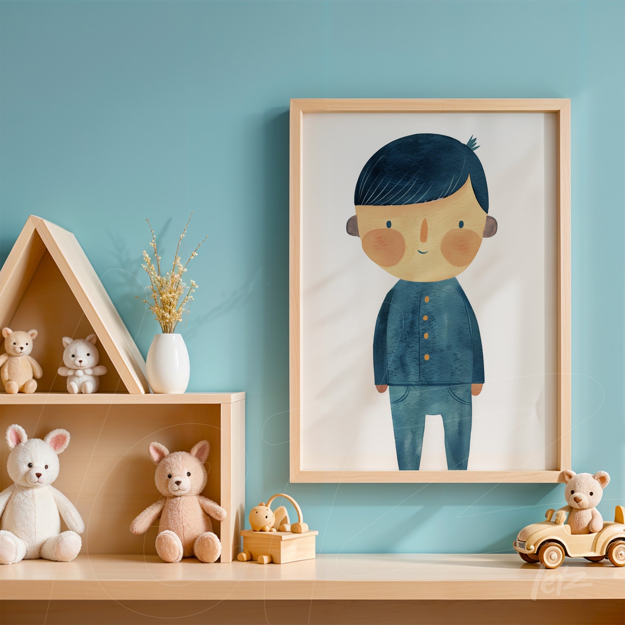 framed children's art of a smiling boy in light frame with blue wall background and toy shelf