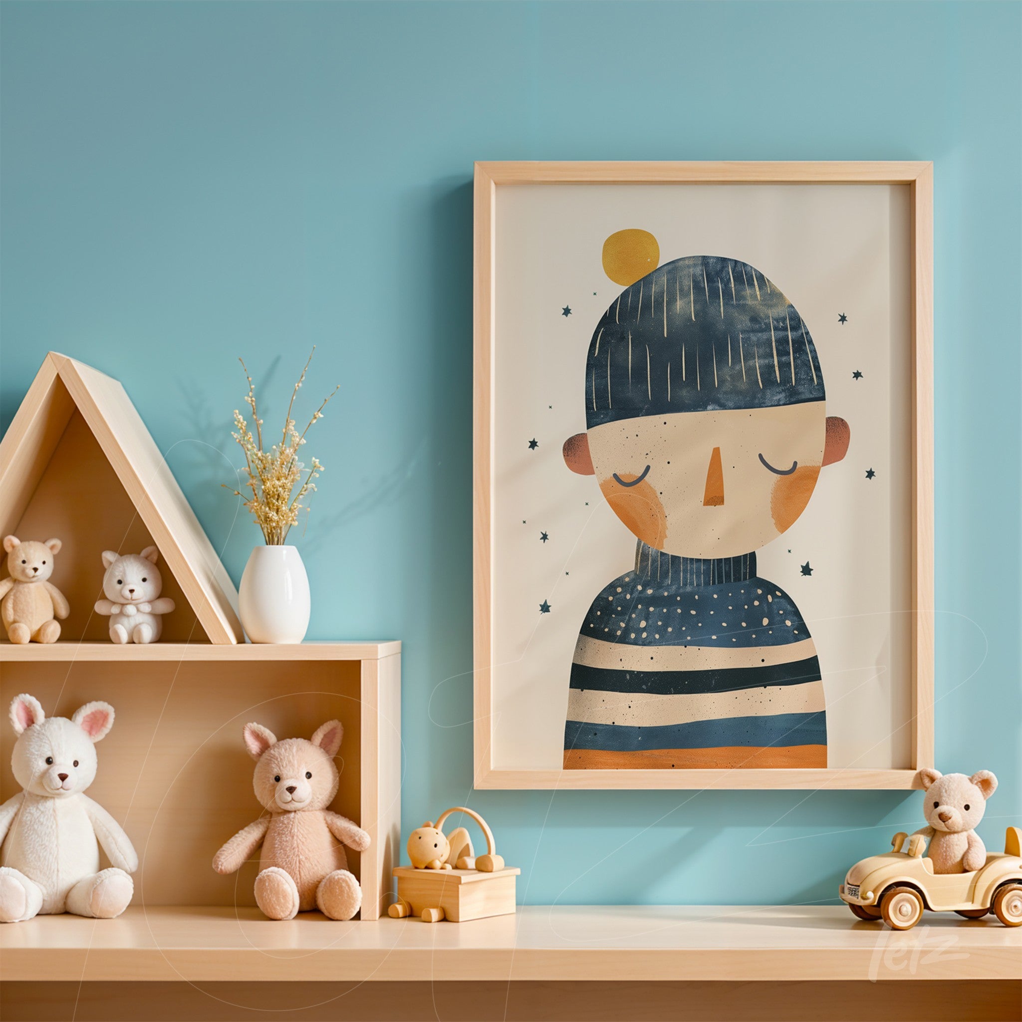 framed art featuring a boy with a blue hat displayed on a light wood shelf with toys