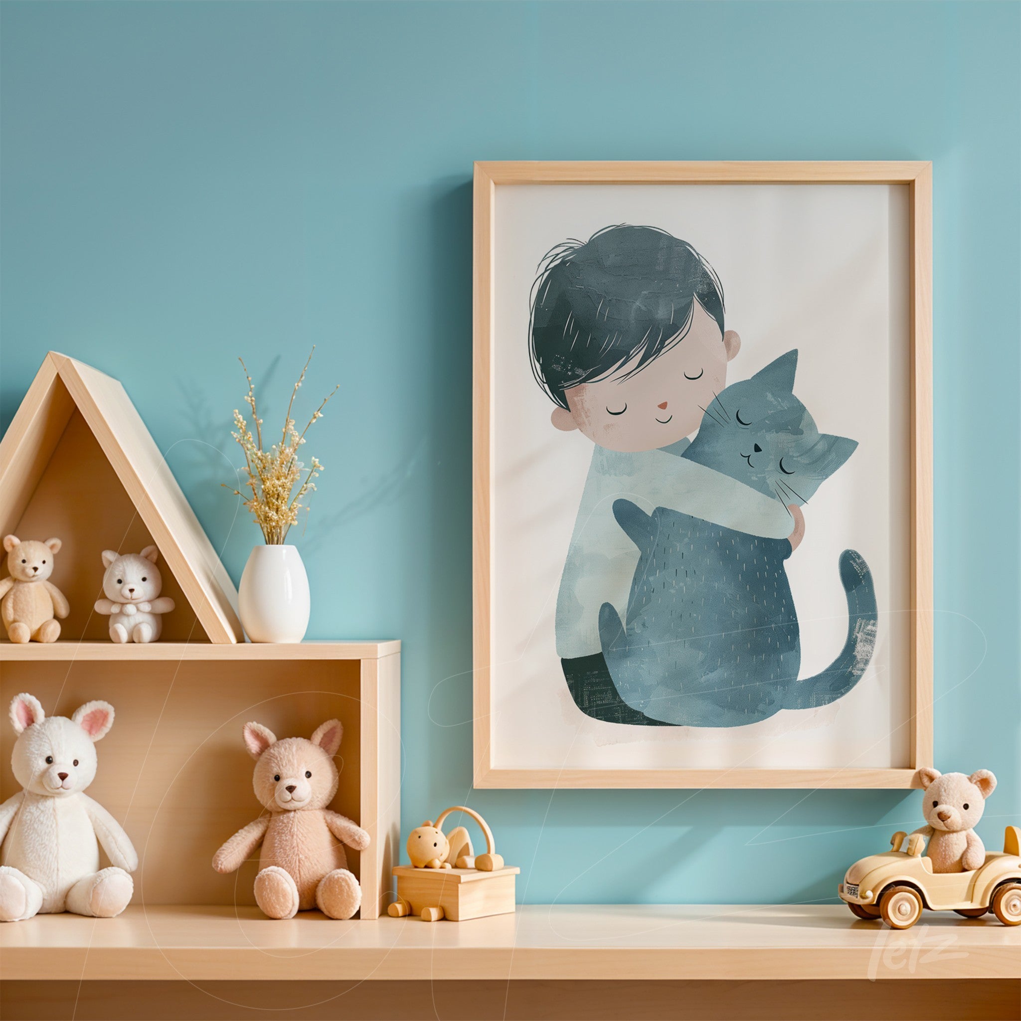 framed children's illustration of a boy hugging a cat displayed on a blue wall