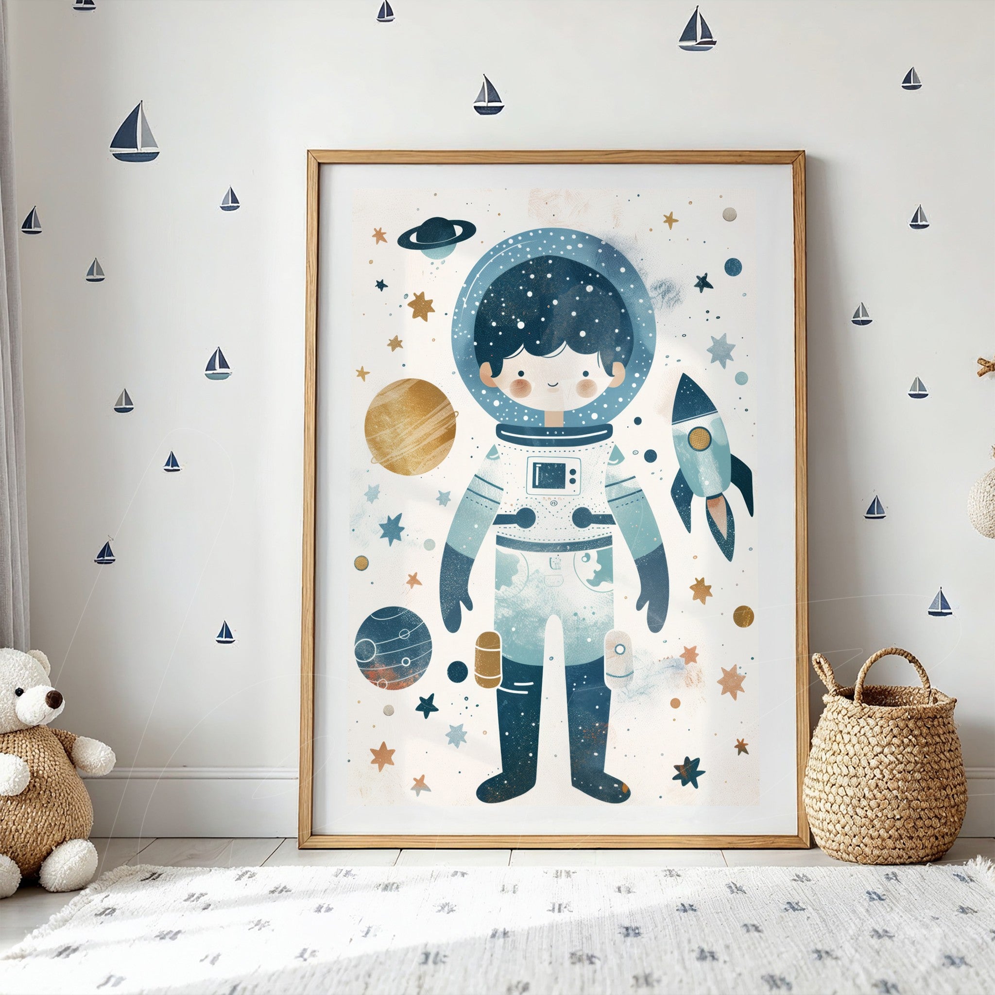 framed illustration of a stylized astronaut against a backdrop of planets and stars, light wood frame