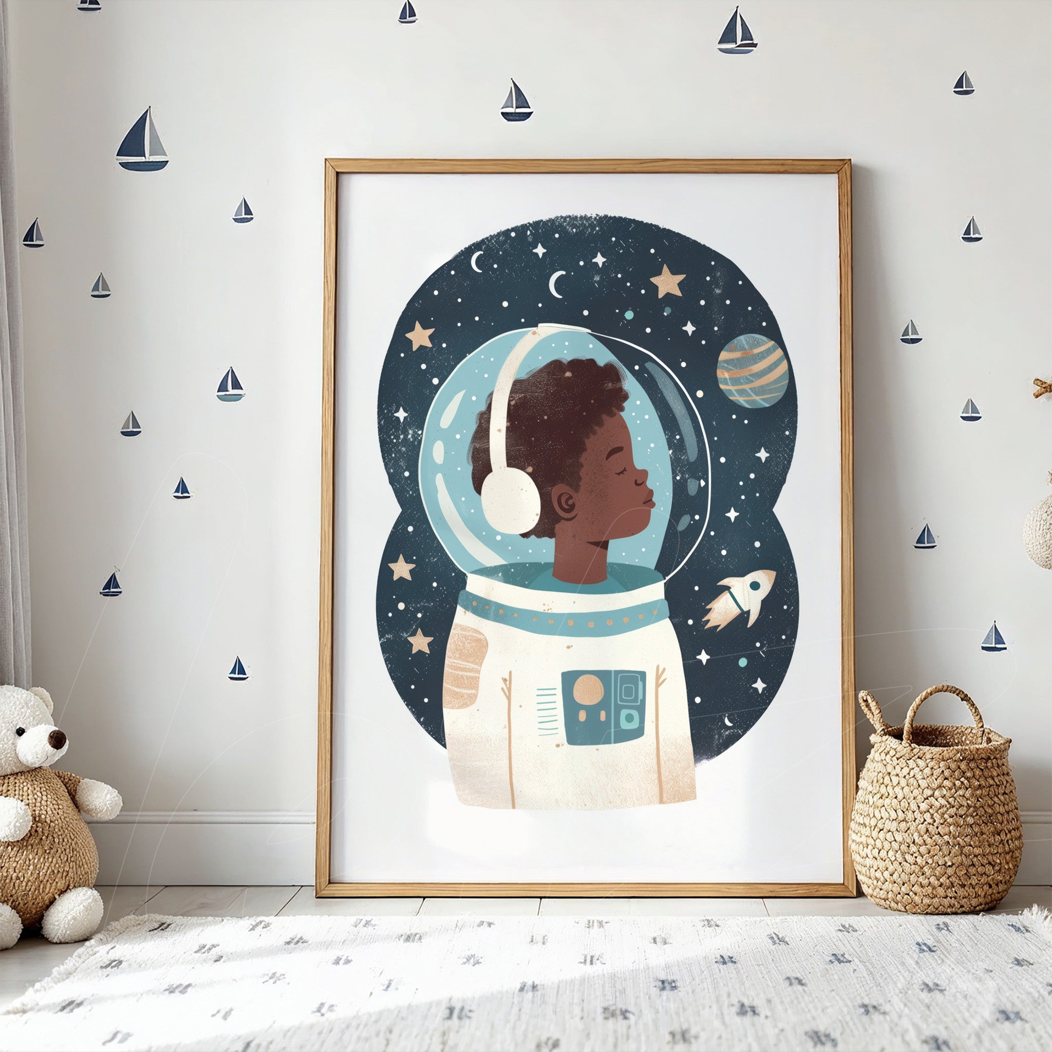framed art of a young astronaut with a starry space background in a light wood frame
