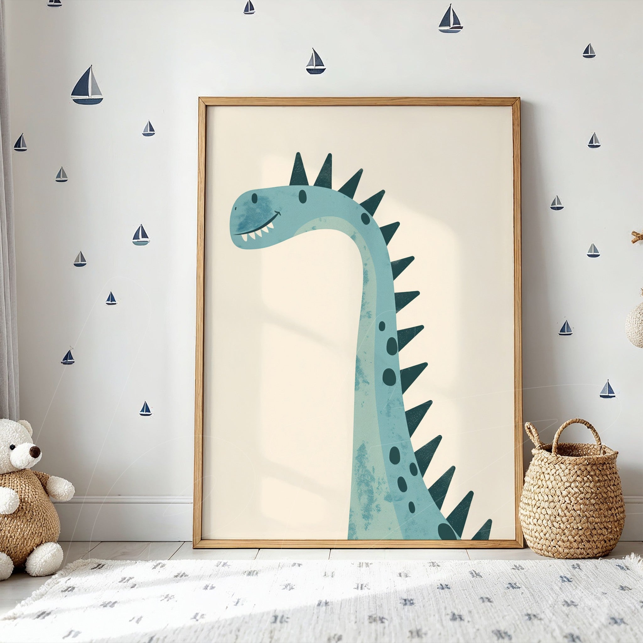 framed artwork of a playful dinosaur in light wood frame displayed against a neutral nursery wall