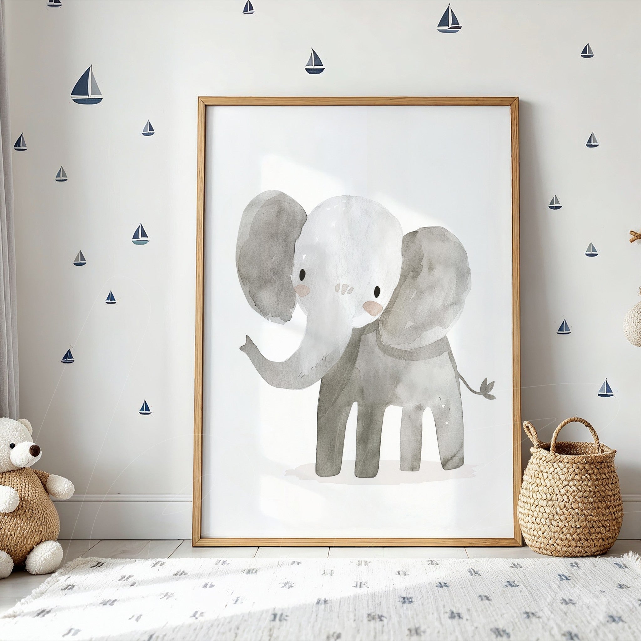 framed wall art of two happy elephants hugging in light wooden frame, displayed against a light wall decorated with boat stickers
