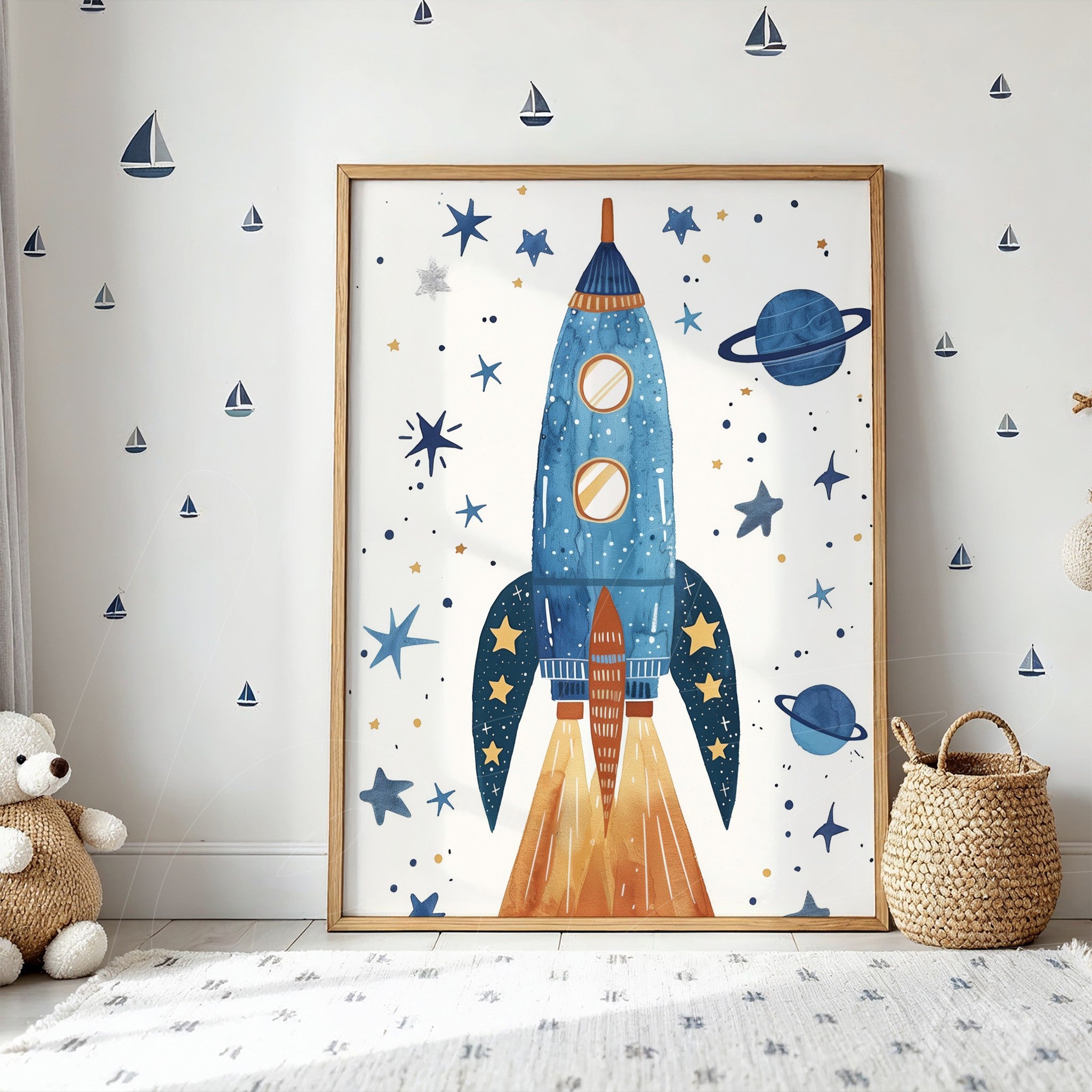 colorful children's wall art featuring a blue rocket surrounded by stars and planets with a light wood frame