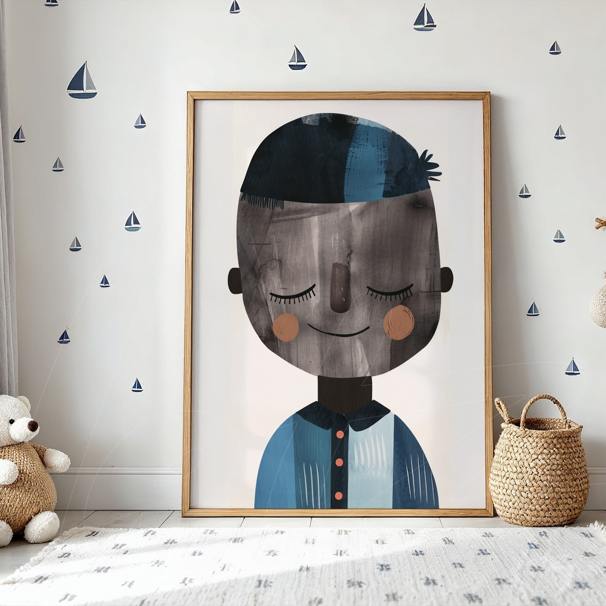 framed artwork featuring a happy boy illustration in light wood frame displayed on a pale wall with boat stickers