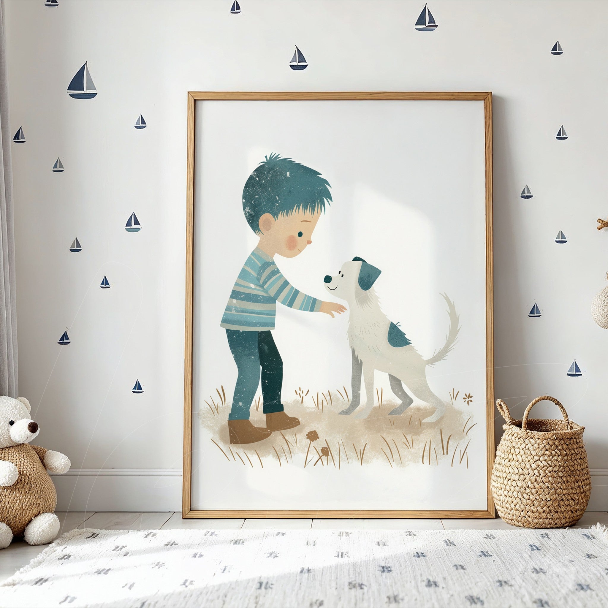 framed art of a boy interacting with a dog in a light wood frame