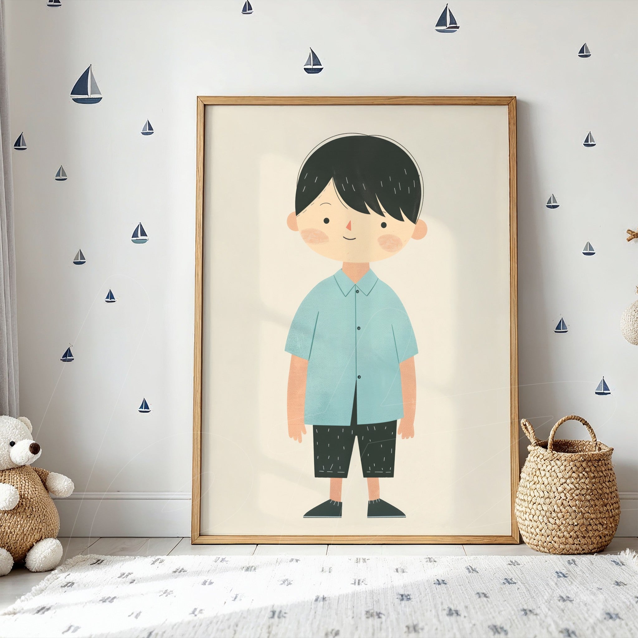 framed wall art featuring a boy illustration wearing a light blue shirt and dark pants, displayed on wall with sailboat decals