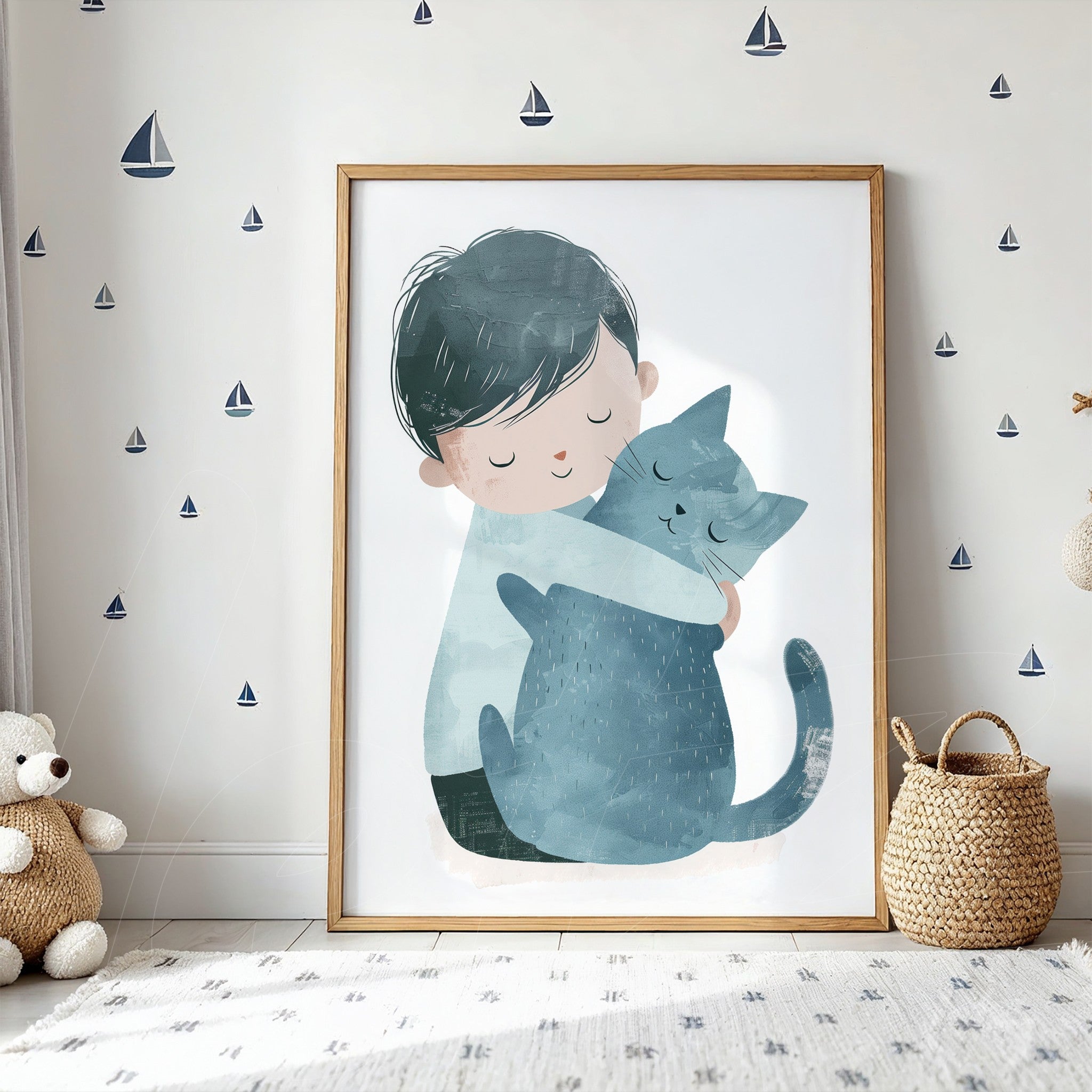 framed illustration of a boy hugging a blue cat with a light wood frame displayed on a wall decorated with small sailboat patterns