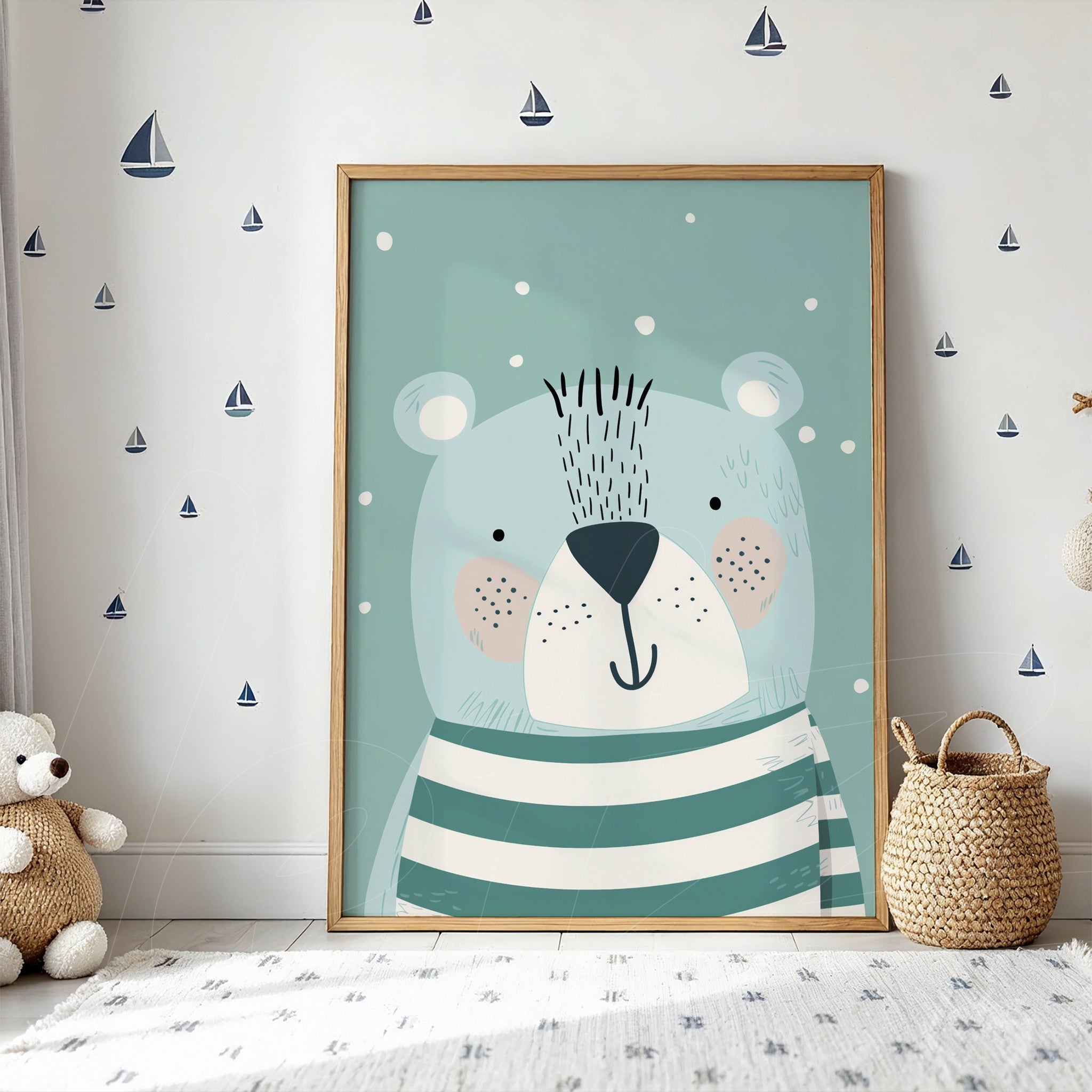 framed wall art featuring a cute bear illustration wearing stripes in a light wooden frame, displayed on a wall decorated with small boats and next to plush toys