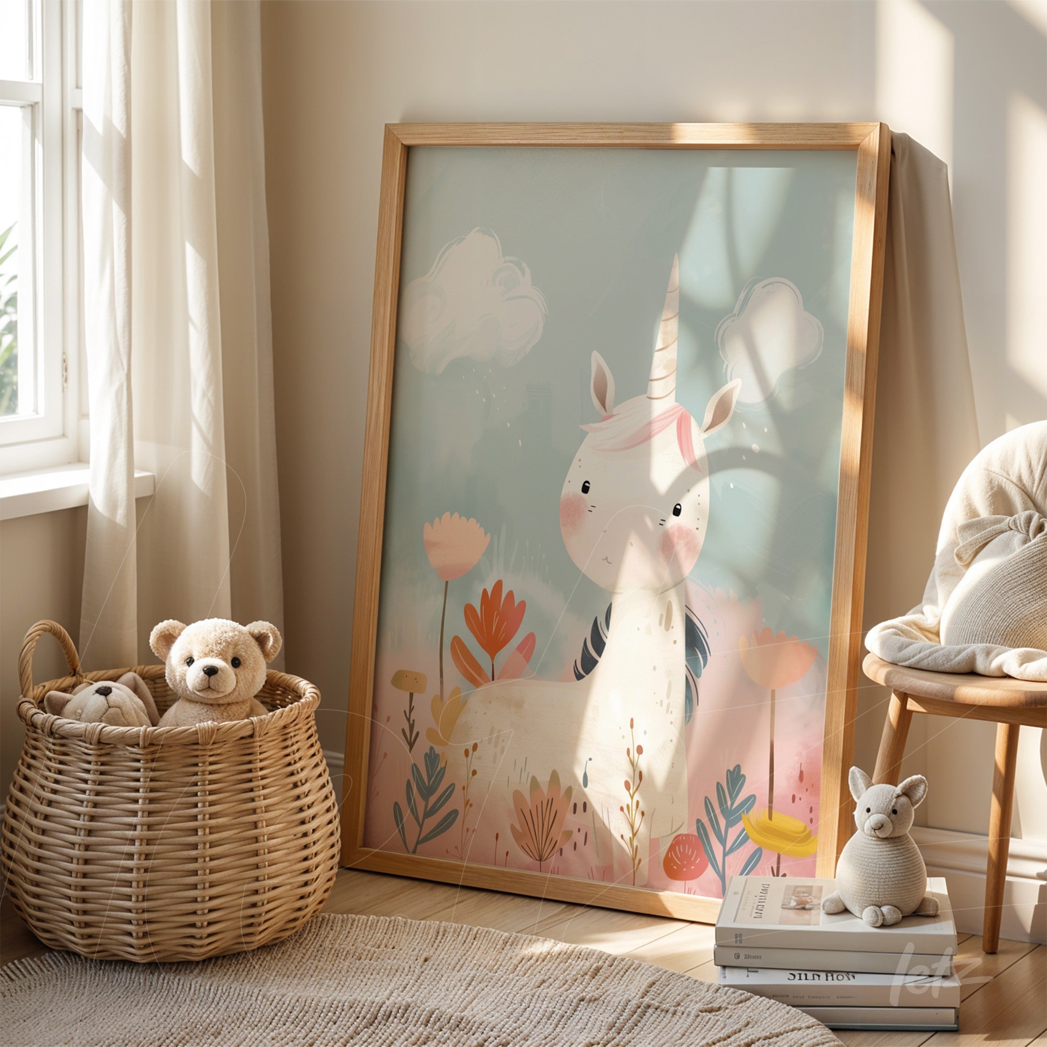 framed wall art of a unicorn with soft colors and blue background leaning against the wall next to a storage basket