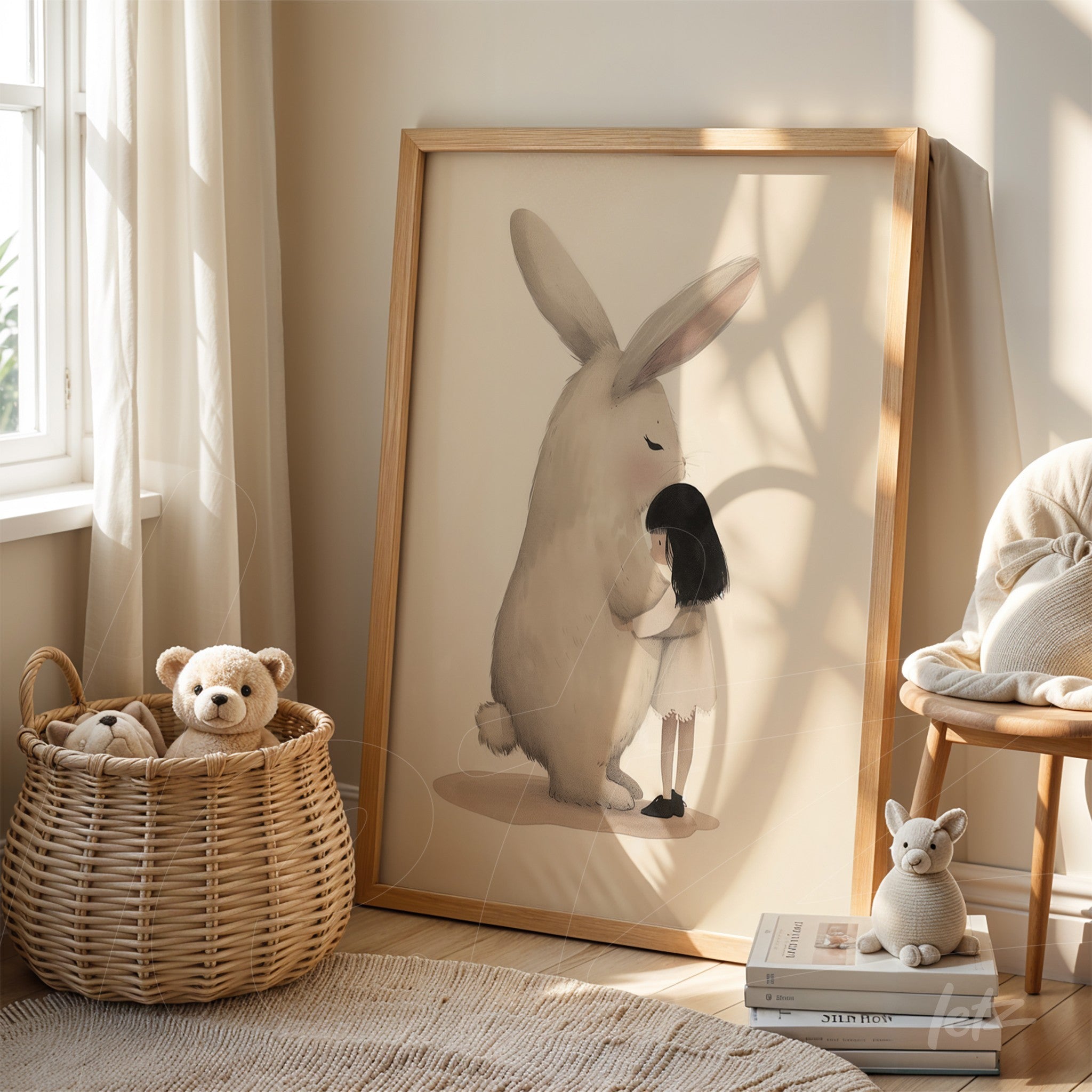 framed artwork of a giant rabbit cuddling a girl in a light wood frame, leaning against a wooden shelf beside a wicker basket with plush bears
