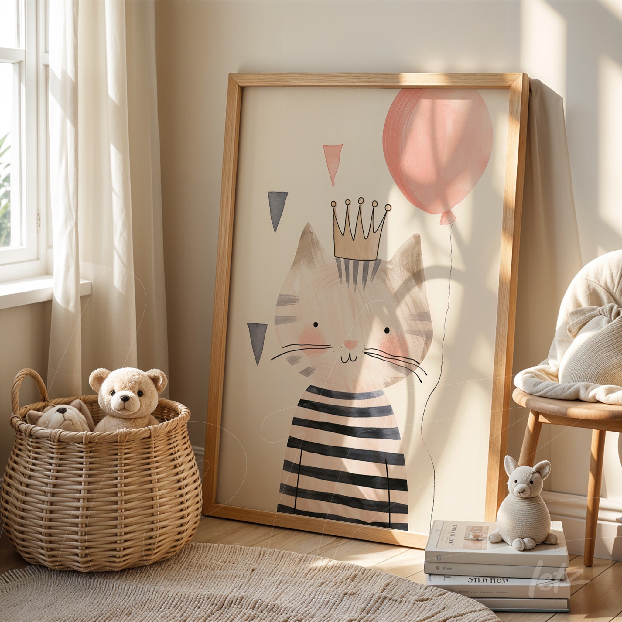 framed children's wall art of a striped cat wearing a crown, with a red balloon, leaning against a well-lit wall