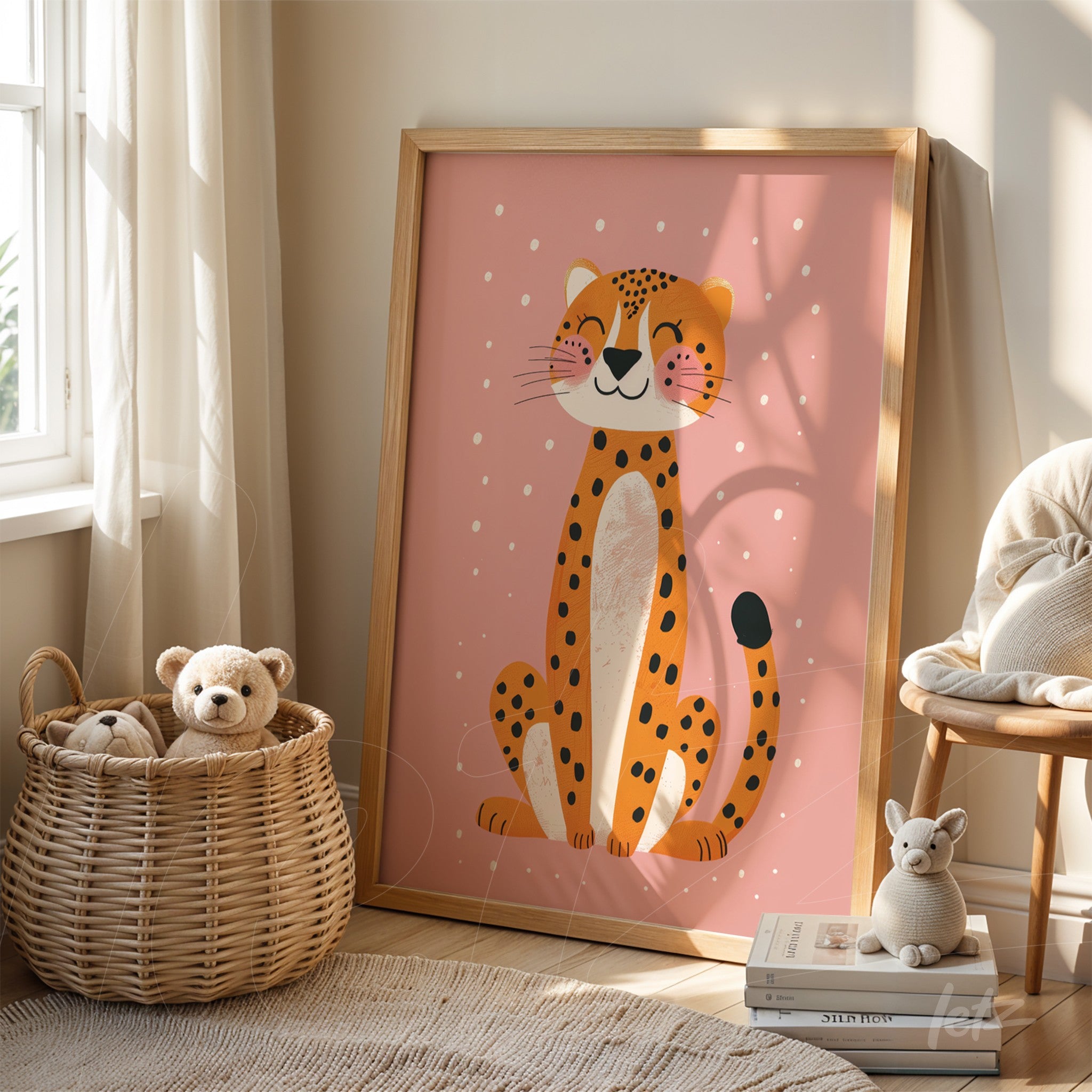 framed artwork of a stylized leopard illustration with light wooden frame against a soft pink background