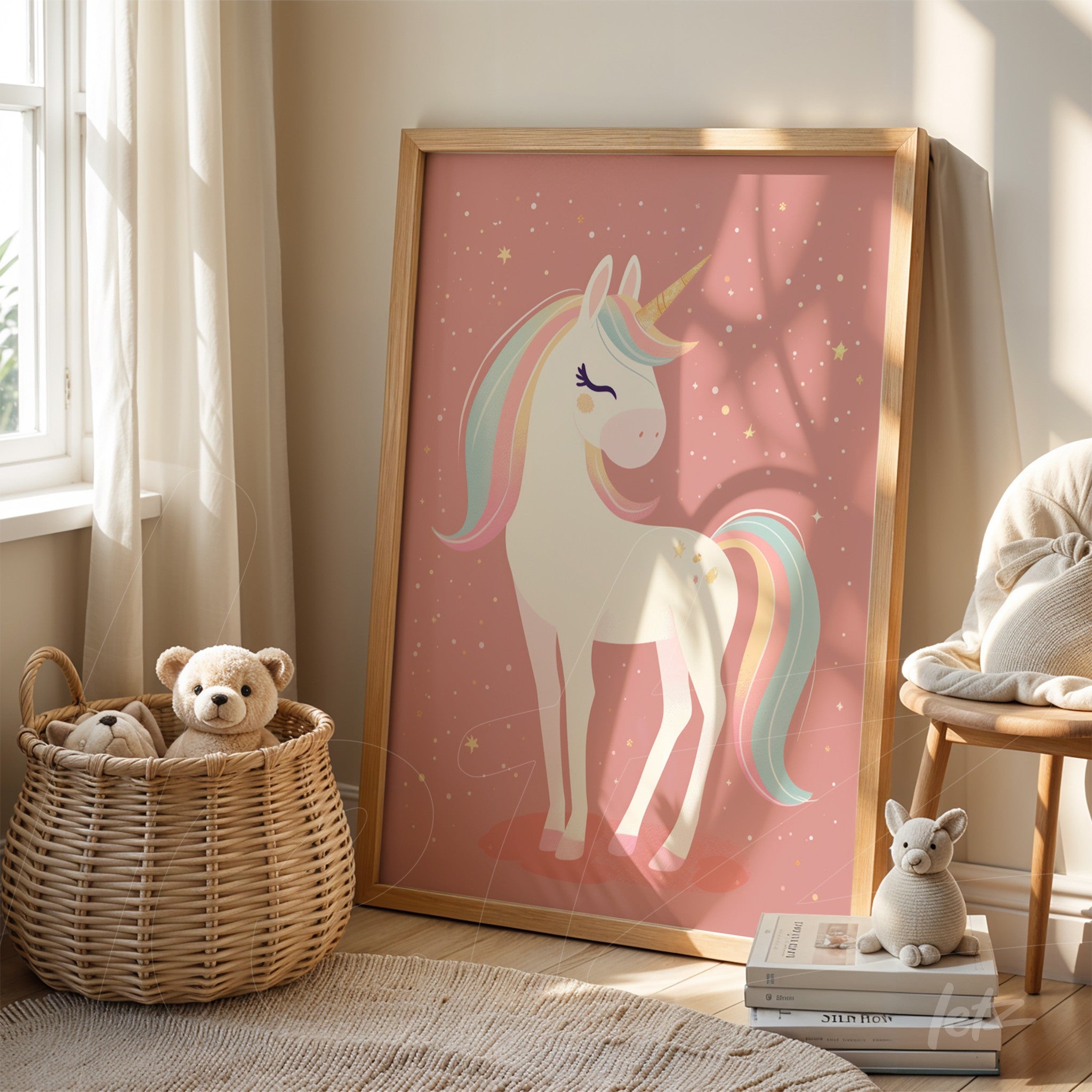 framed artwork of a unicorn on pink background with star details and light wood frame