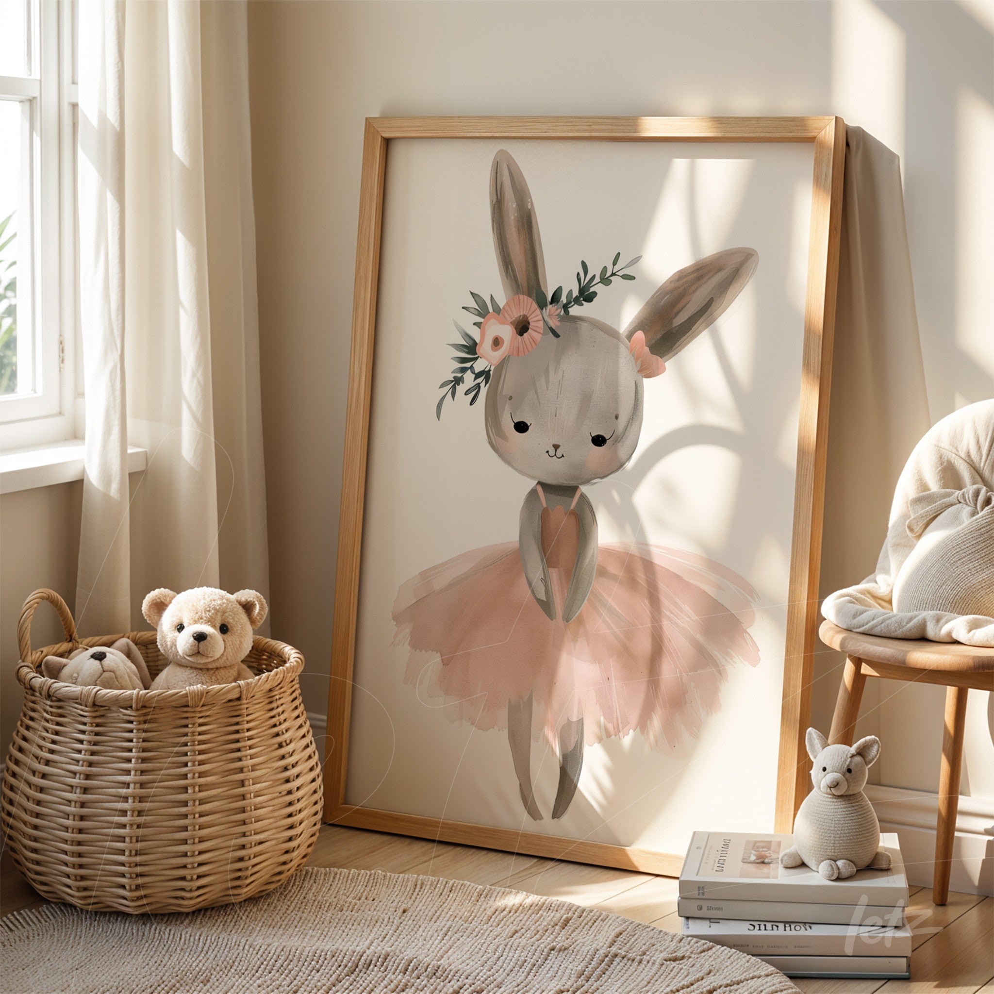 framed artwork of a bunny wearing a pink tulle skirt and flower crown in a light wood frame, leaning in a corner next to a toy basket