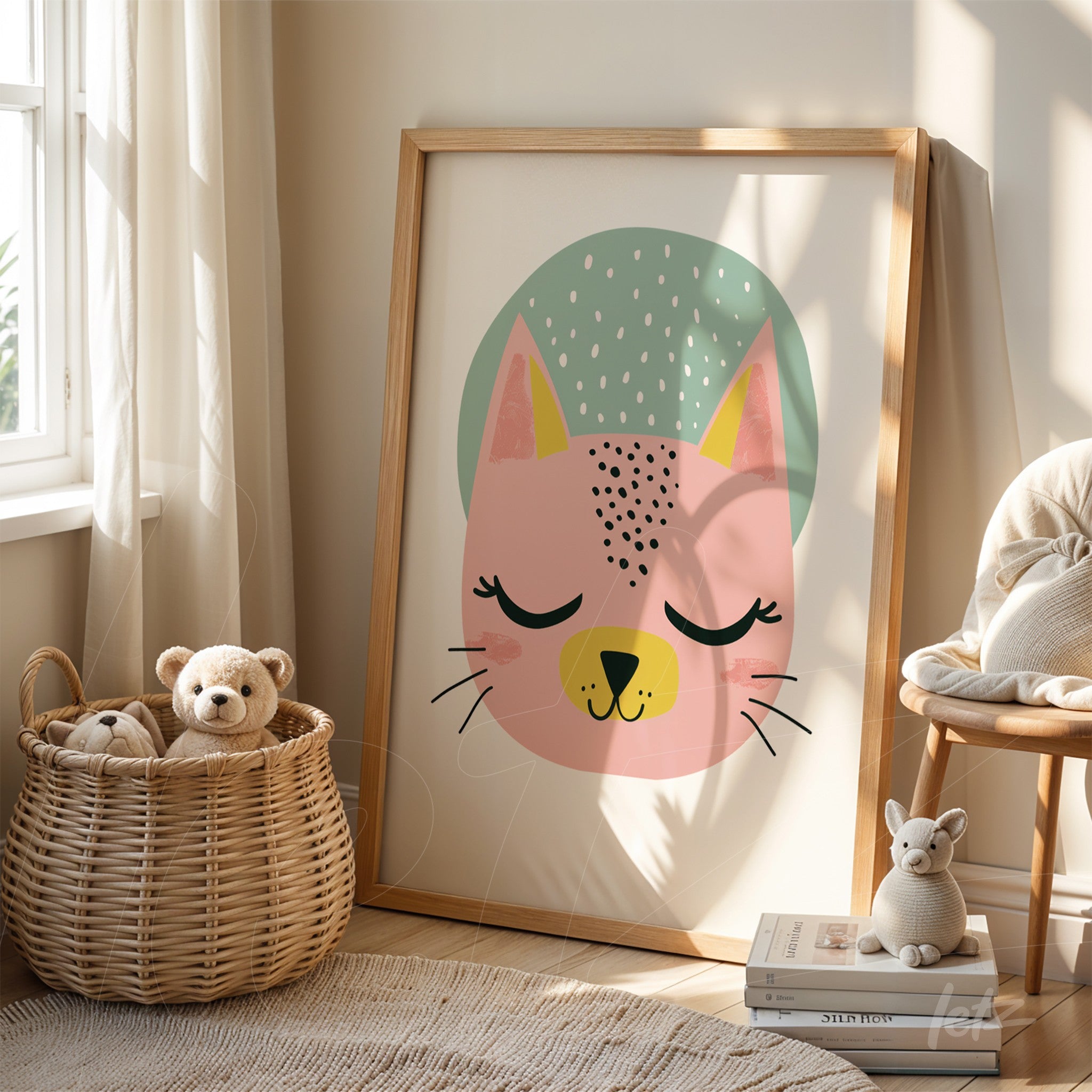 framed wall art featuring a pink cat illustration with closed eyes and a green background