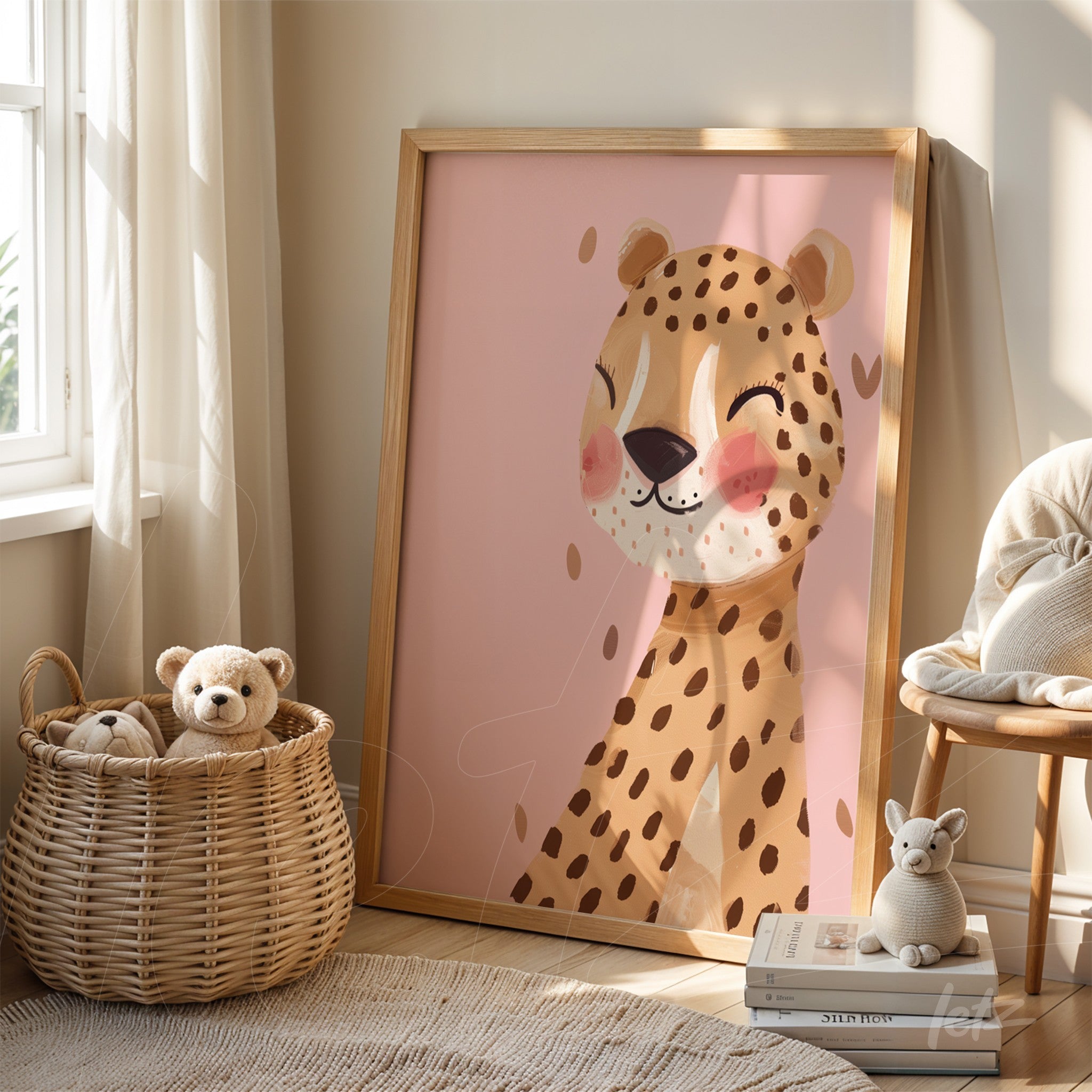 framed artwork featuring a smiling jaguar illustration on a pink background with light wooden frame