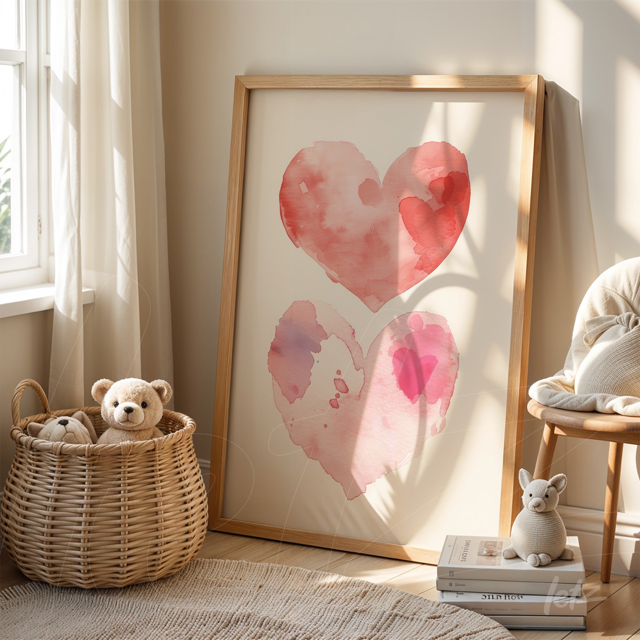 framed watercolor art of hearts in shades of pink and red with light wood frame leaning beside a wicker basket
