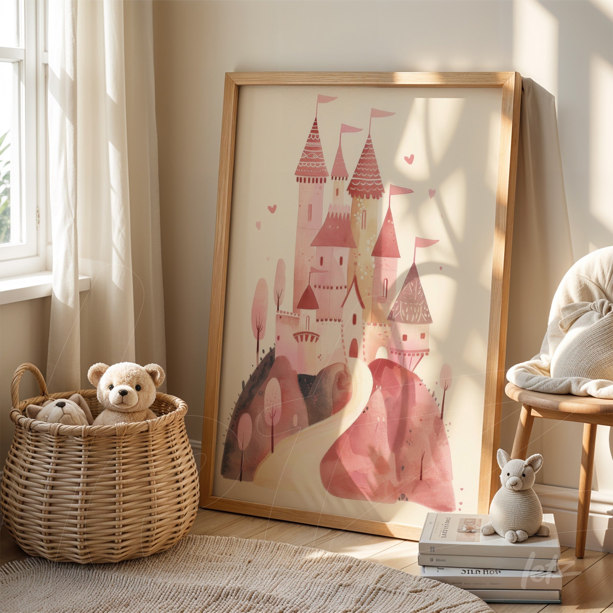 framed artwork of a charming pink castle illustration with light wooden frame displayed in a cozy setting next to a wicker basket