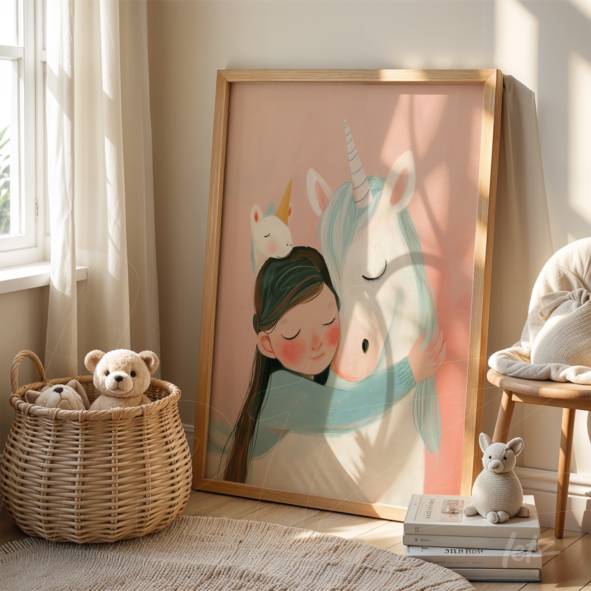 framed artwork in a child-friendly style featuring a girl hugging a unicorn, light wood frame, and soft pink background