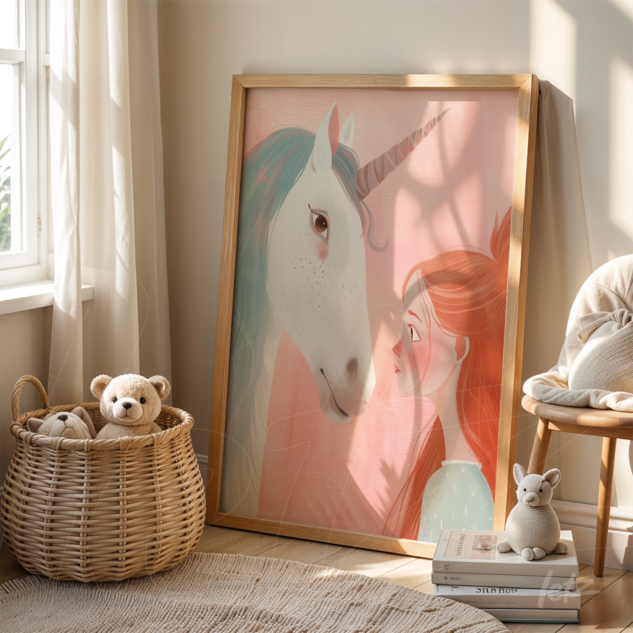 framed artwork featuring a girl gazing at a unicorn against a pink background with a light wood frame