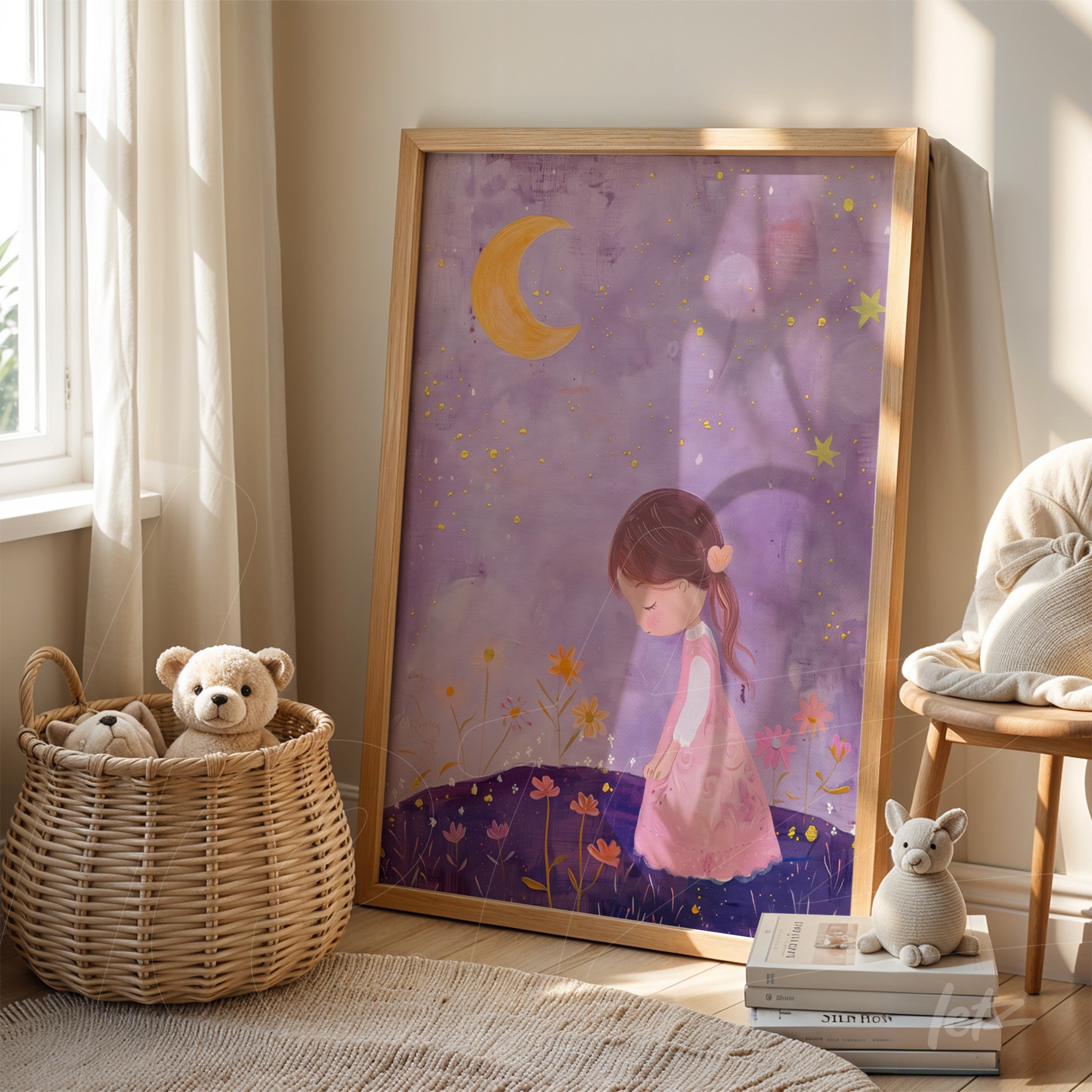 framed artwork featuring a girl in a pink dress in a nighttime scene with a moon and stars, light wood frame