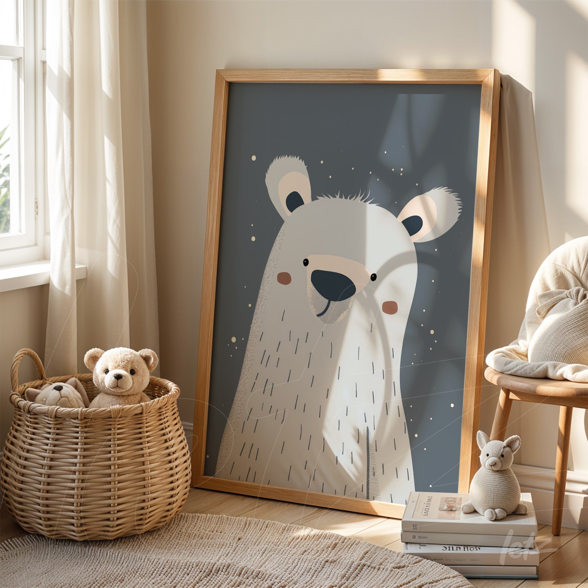 children's wall art of a polar bear in a wooden frame leaning against the wall next to a basket filled with plush teddy bears