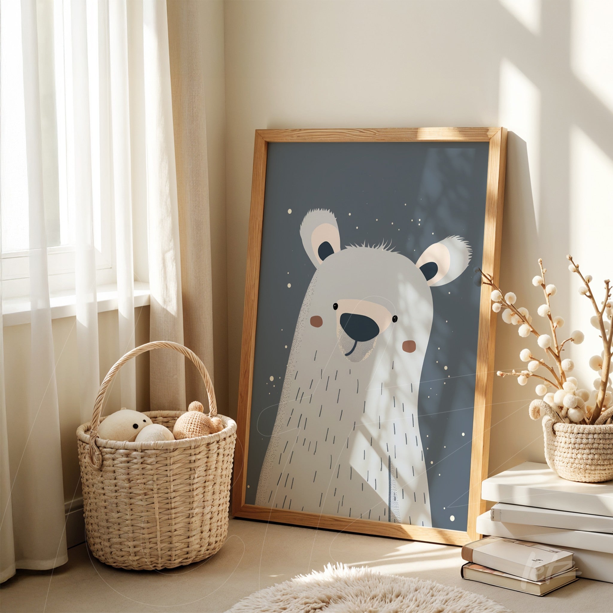 minimalist illustration of a bear in light wooden frame leaning against a cream wall