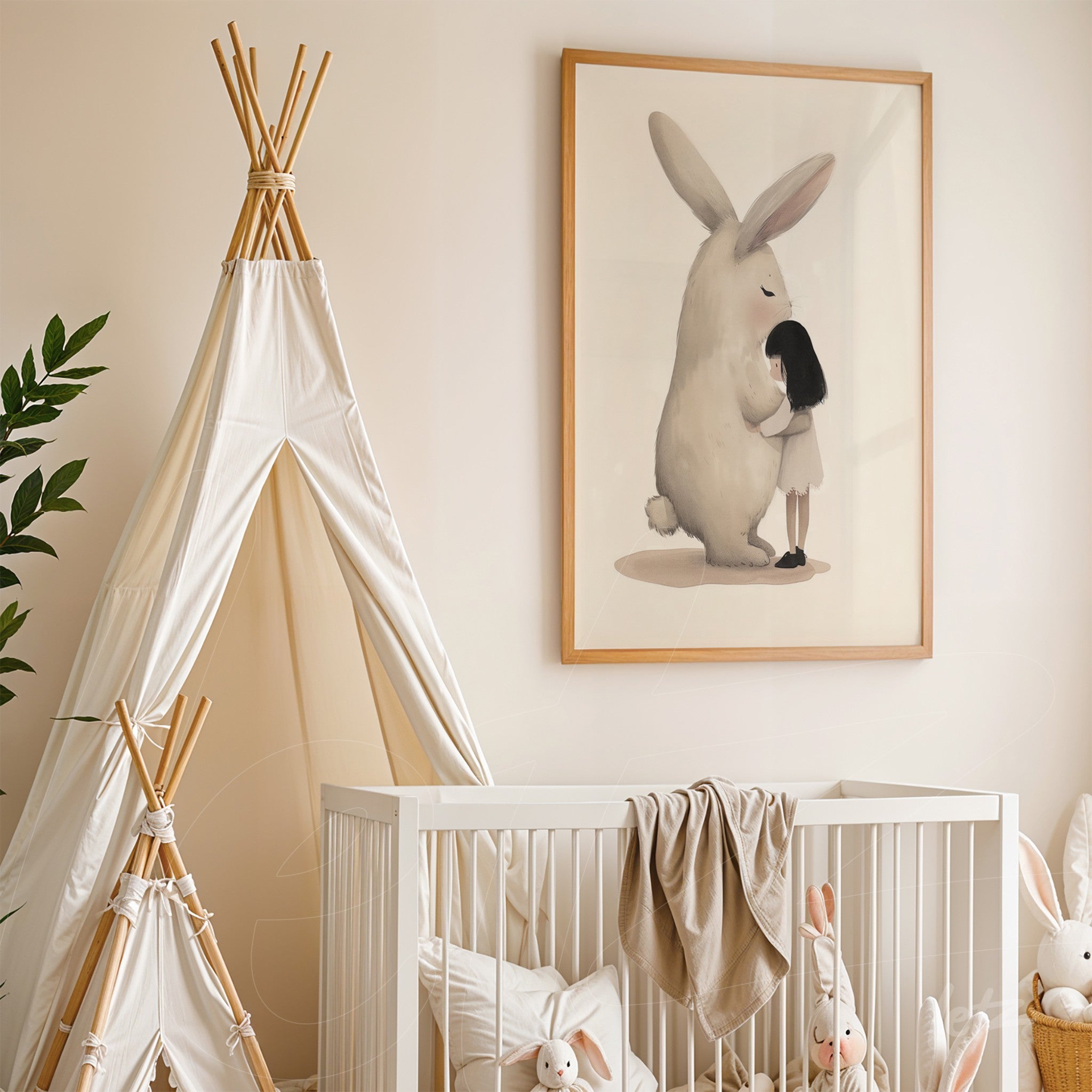 framed artwork featuring a rabbit and a girl in a light frame displayed in a child's bedroom with a crib and a play tent