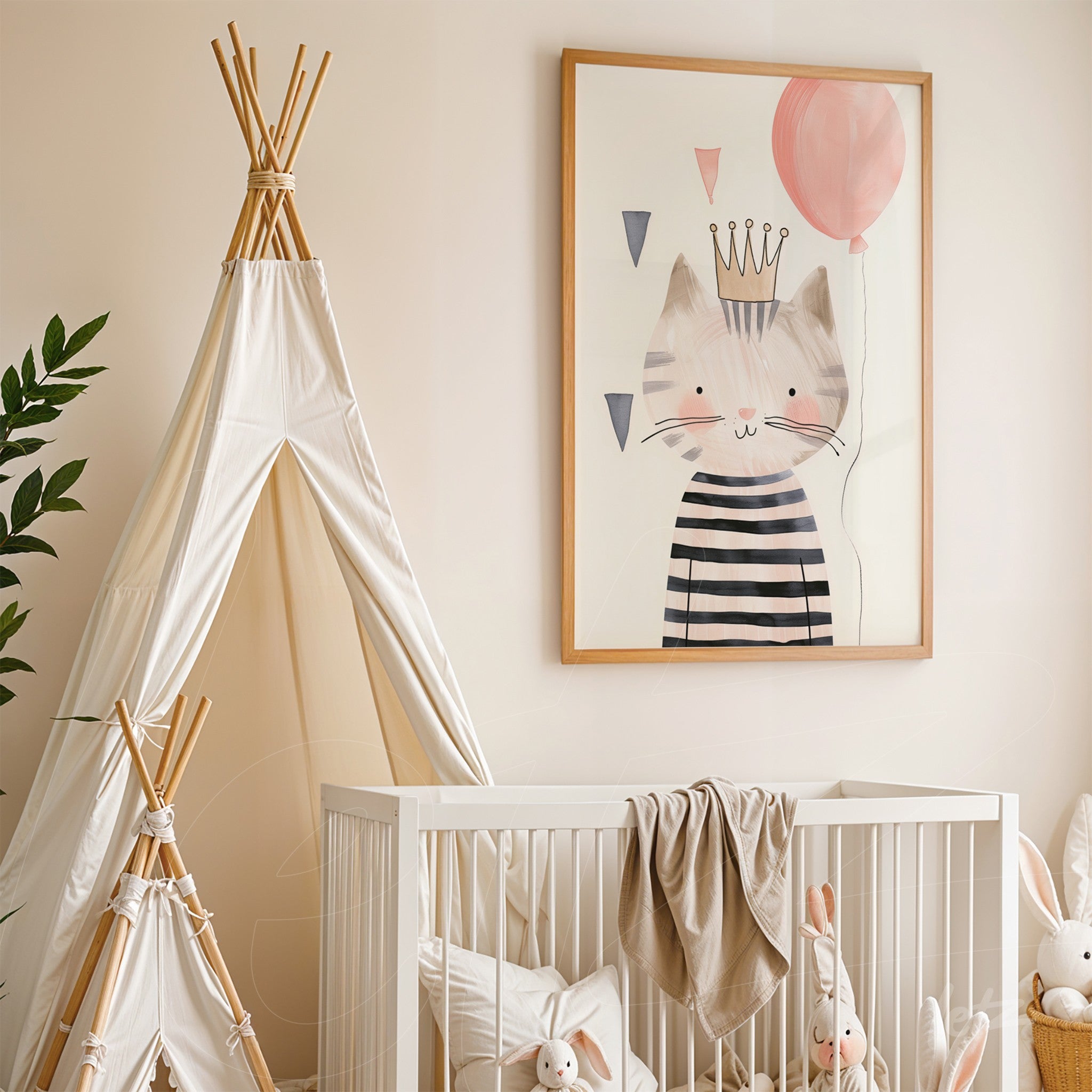 framed artwork featuring a stylized cat wearing stripes and a crown, decorated with a pink balloon, displayed above a crib