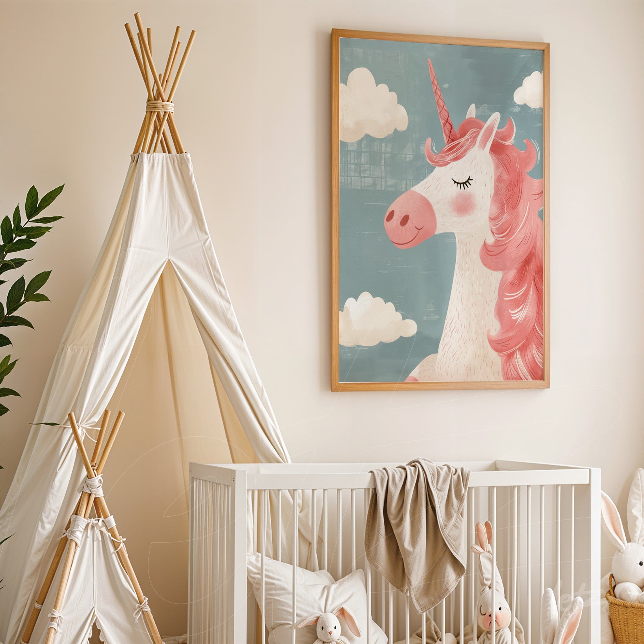 framed artwork featuring a pink-haired unicorn against a light wall