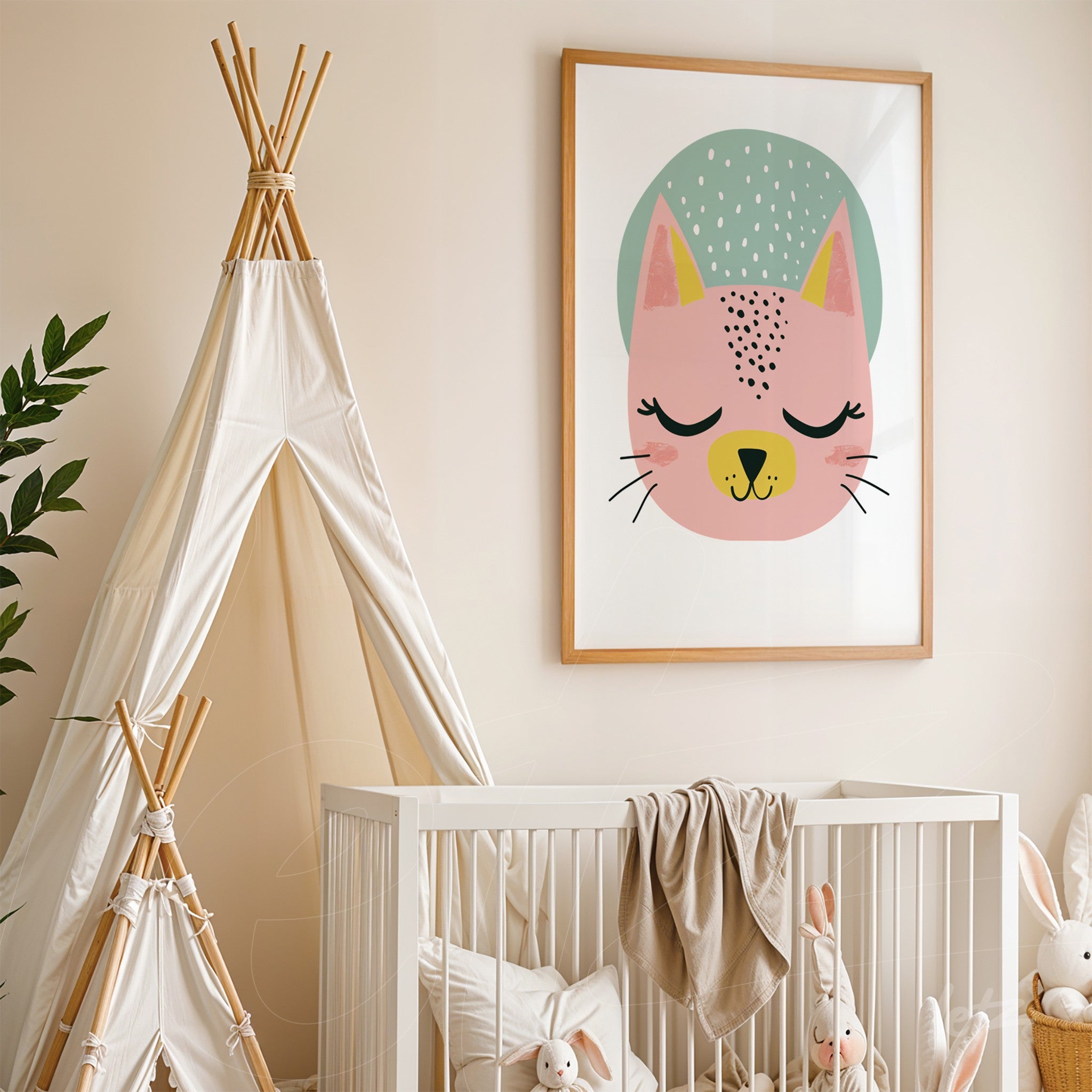 framed wall art featuring a pink cat illustration above a crib next to a play tent in a neutral room