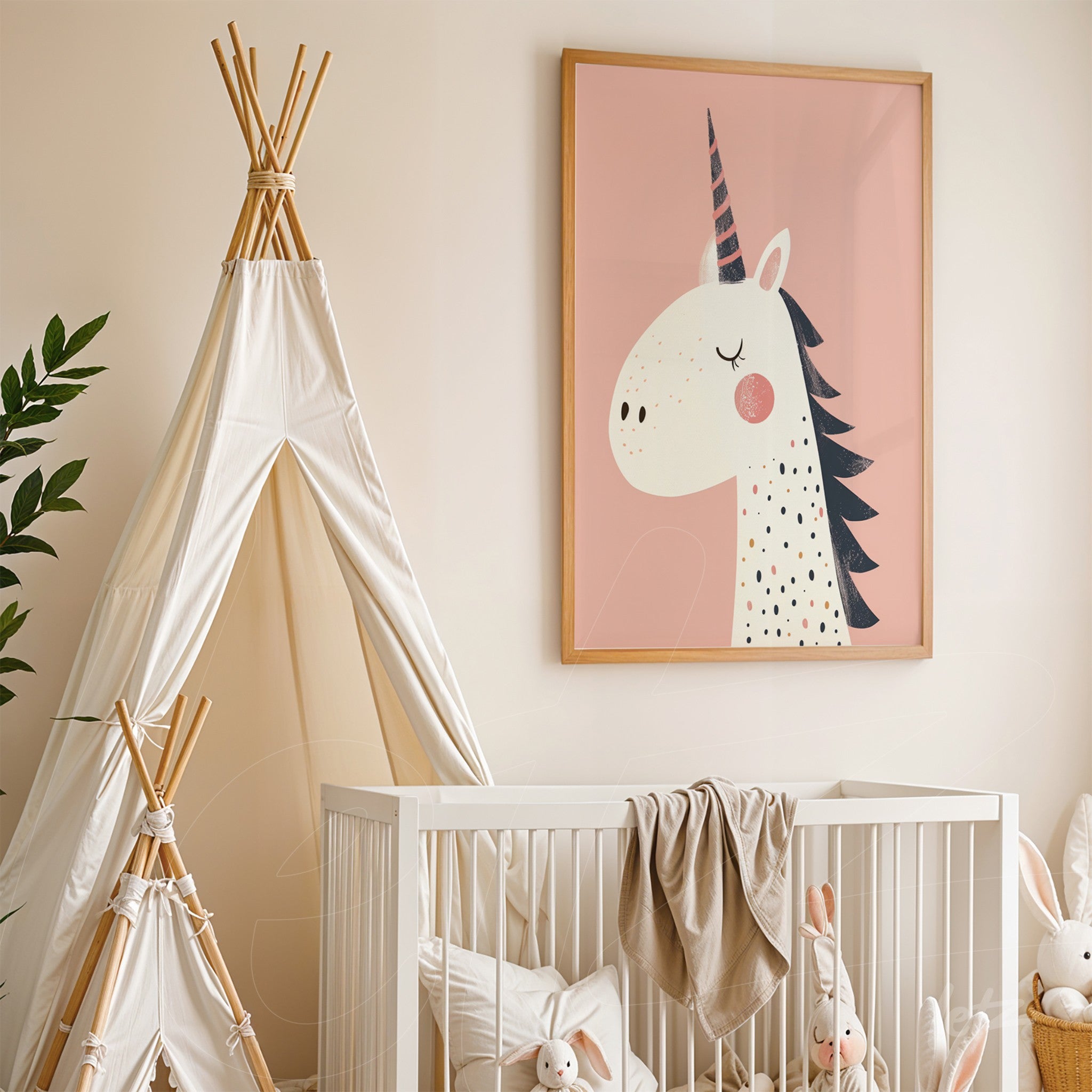 framed art featuring a unicorn illustration on pink background with light wood frame