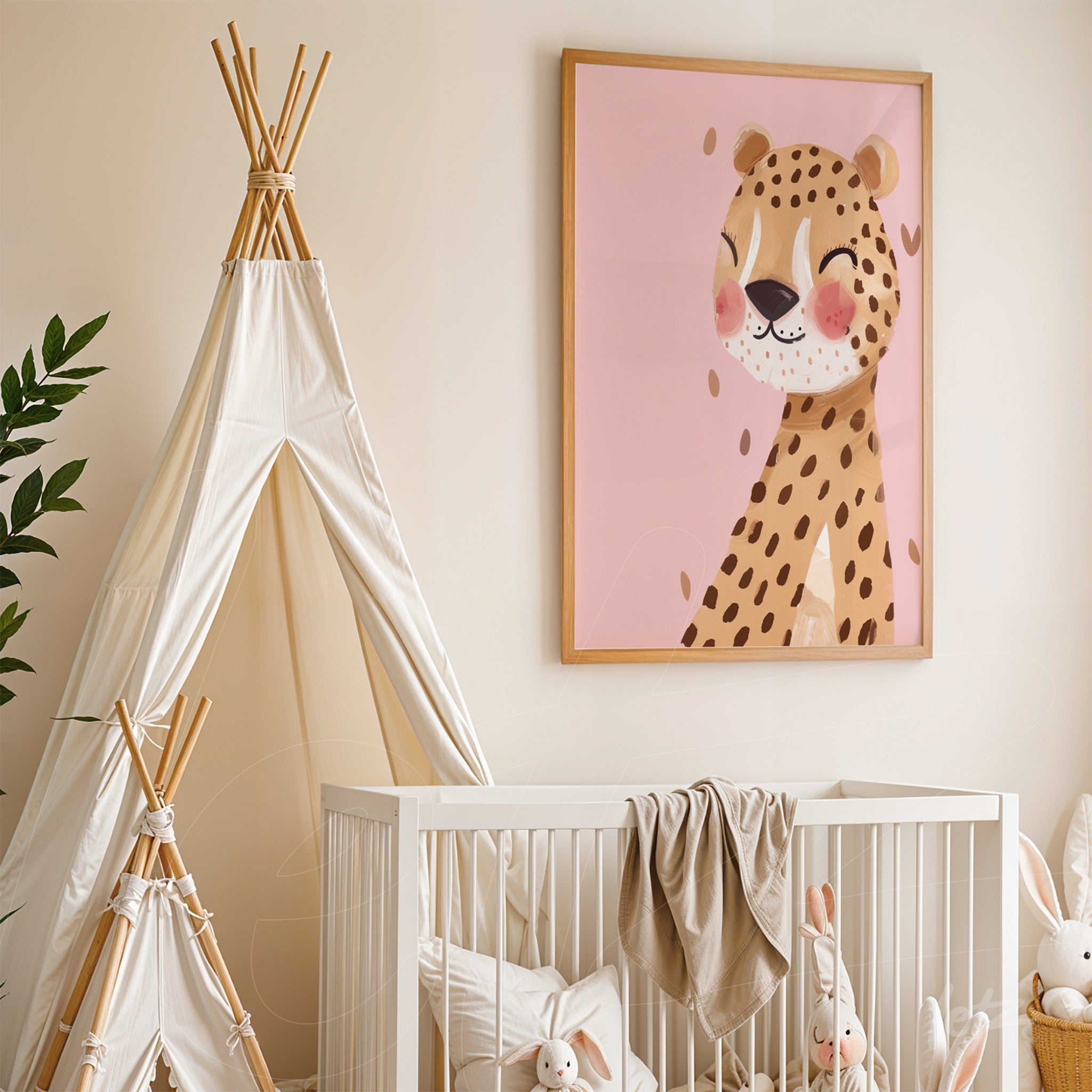framed wall art featuring a smiling leopard illustration on pink background in a nursery setting