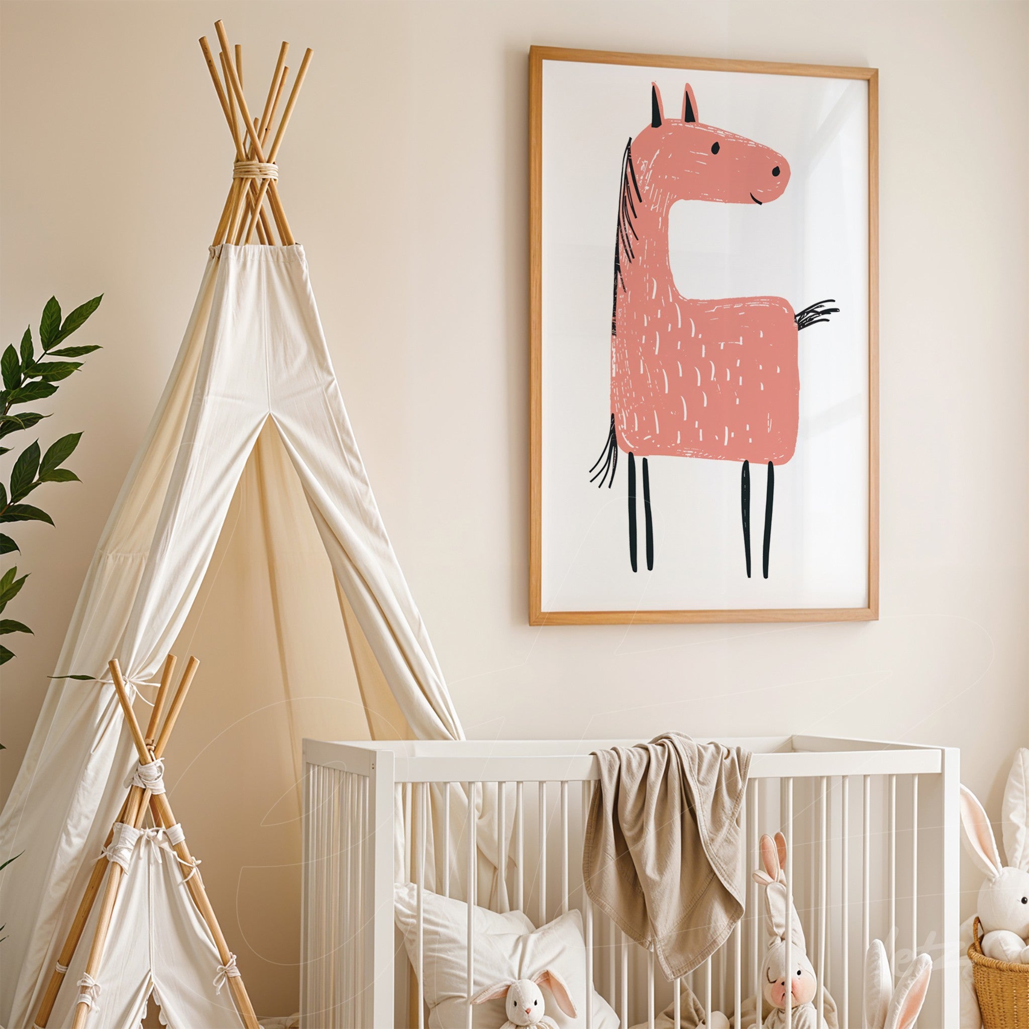 framed wall art featuring a pink horse illustration displayed in a children's room next to a white crib and a play tent