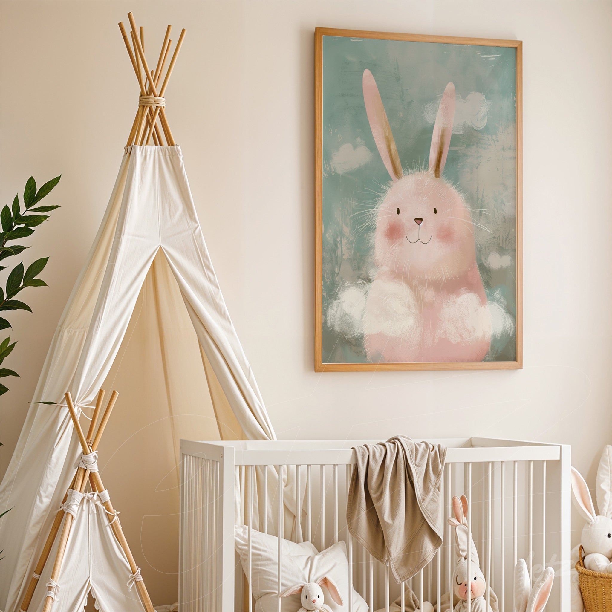 framed wall art featuring a pink bunny against a blue background, displayed in a child's room