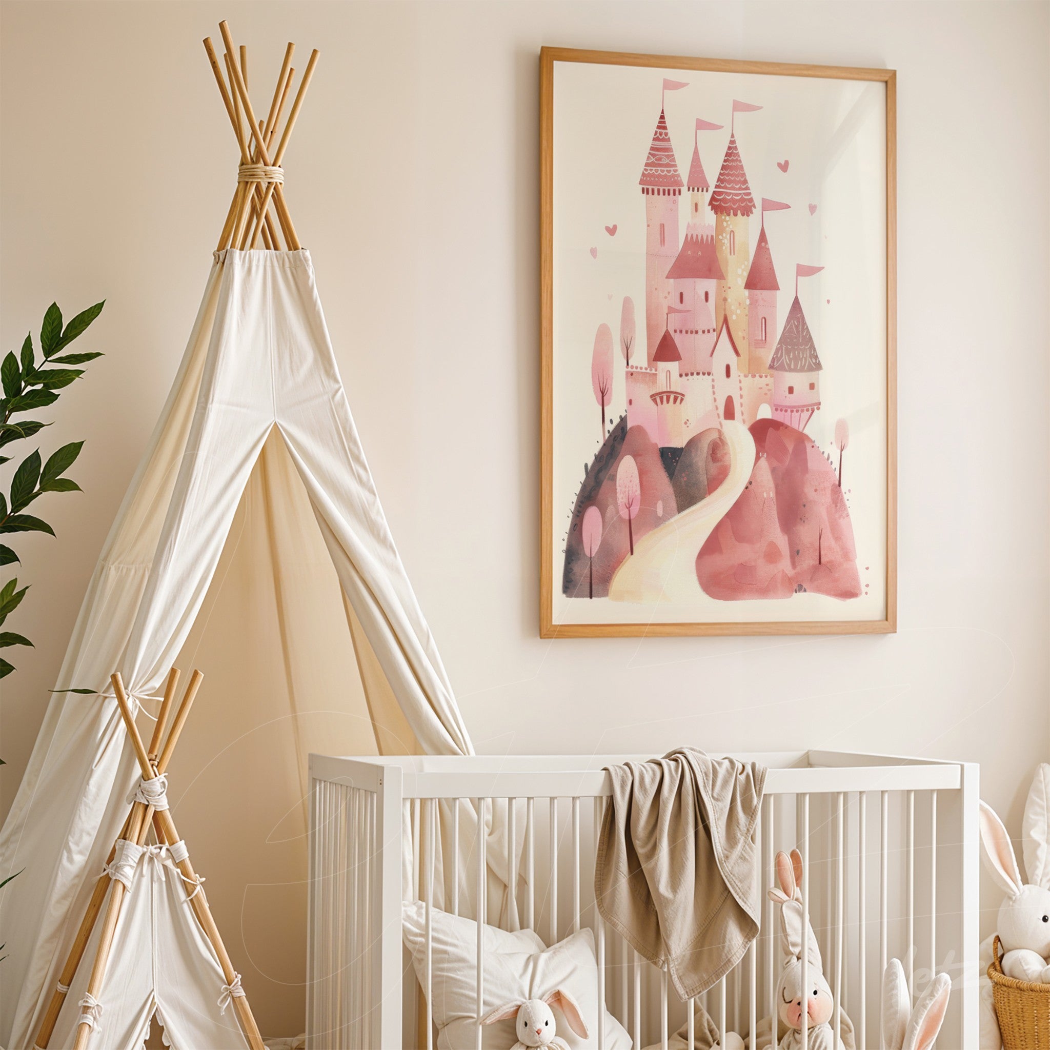 framed wall art featuring a pink castle illustration with a path in a kids' room