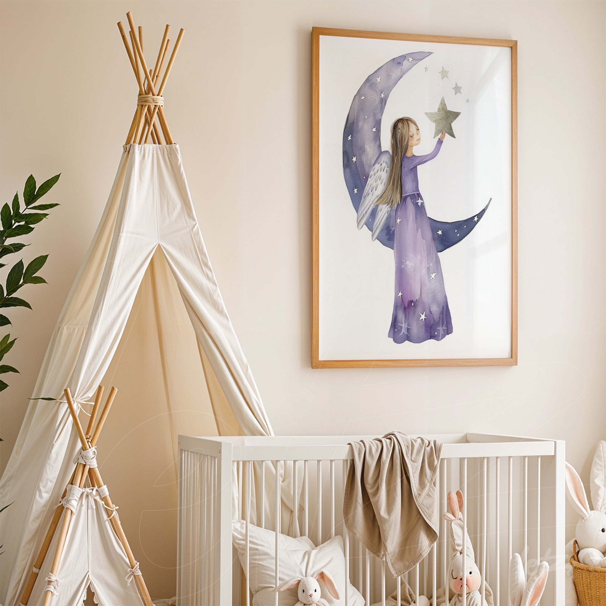 framed art of a girl with wings holding a star against a light blue background with a natural wood frame