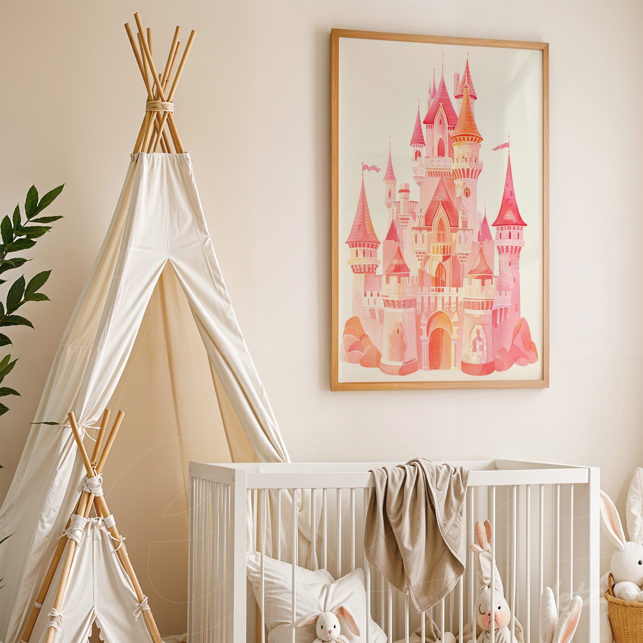 framed playful castle artwork in light frame displayed above a white crib, alongside a fabric teepee
