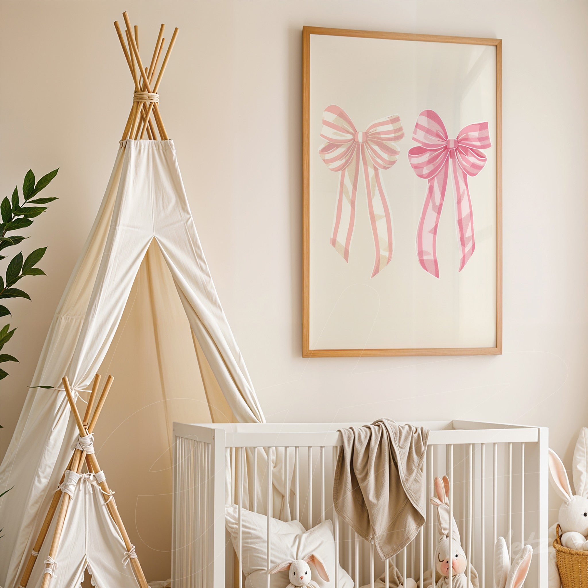 framed wall art featuring pink bow illustrations next to a white crib and a playful tent