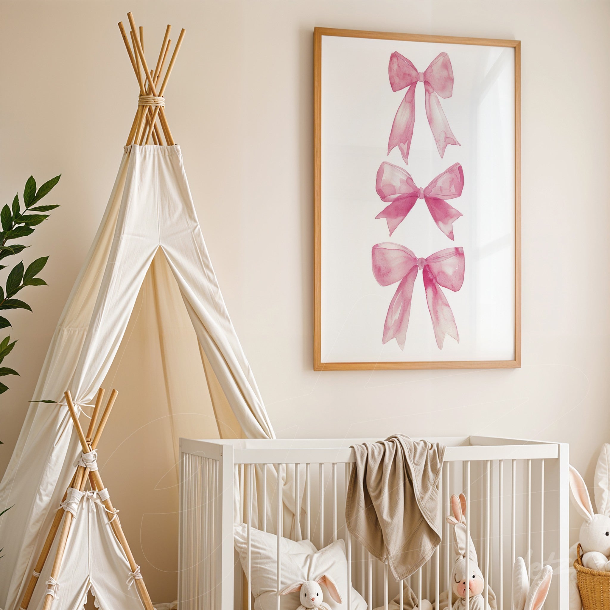 framed artwork featuring pink ribbon illustrations in a light wooden frame displayed in a nursery with a crib and mobile