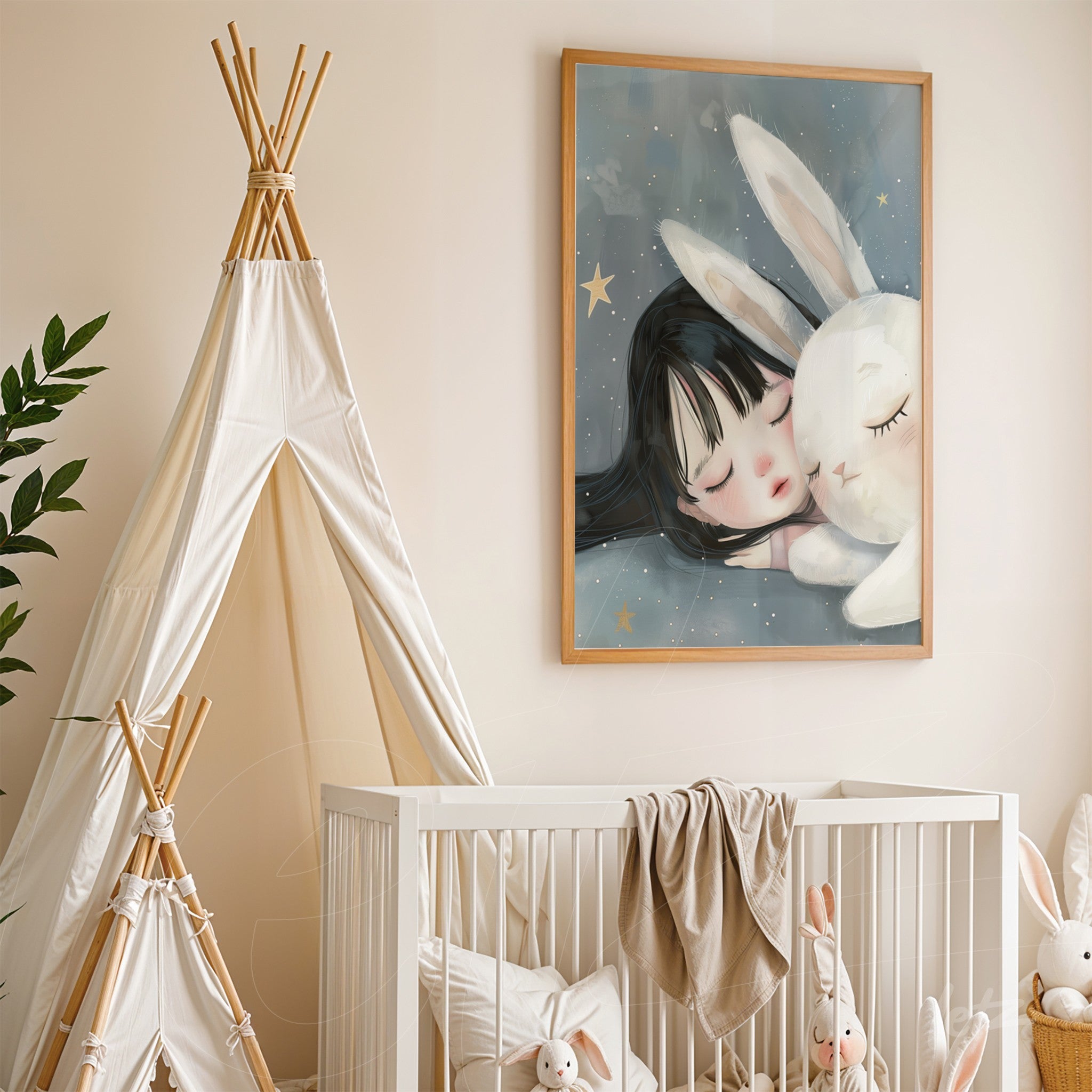 framed children's illustration of a girl hugging a bunny with golden frame on light wall